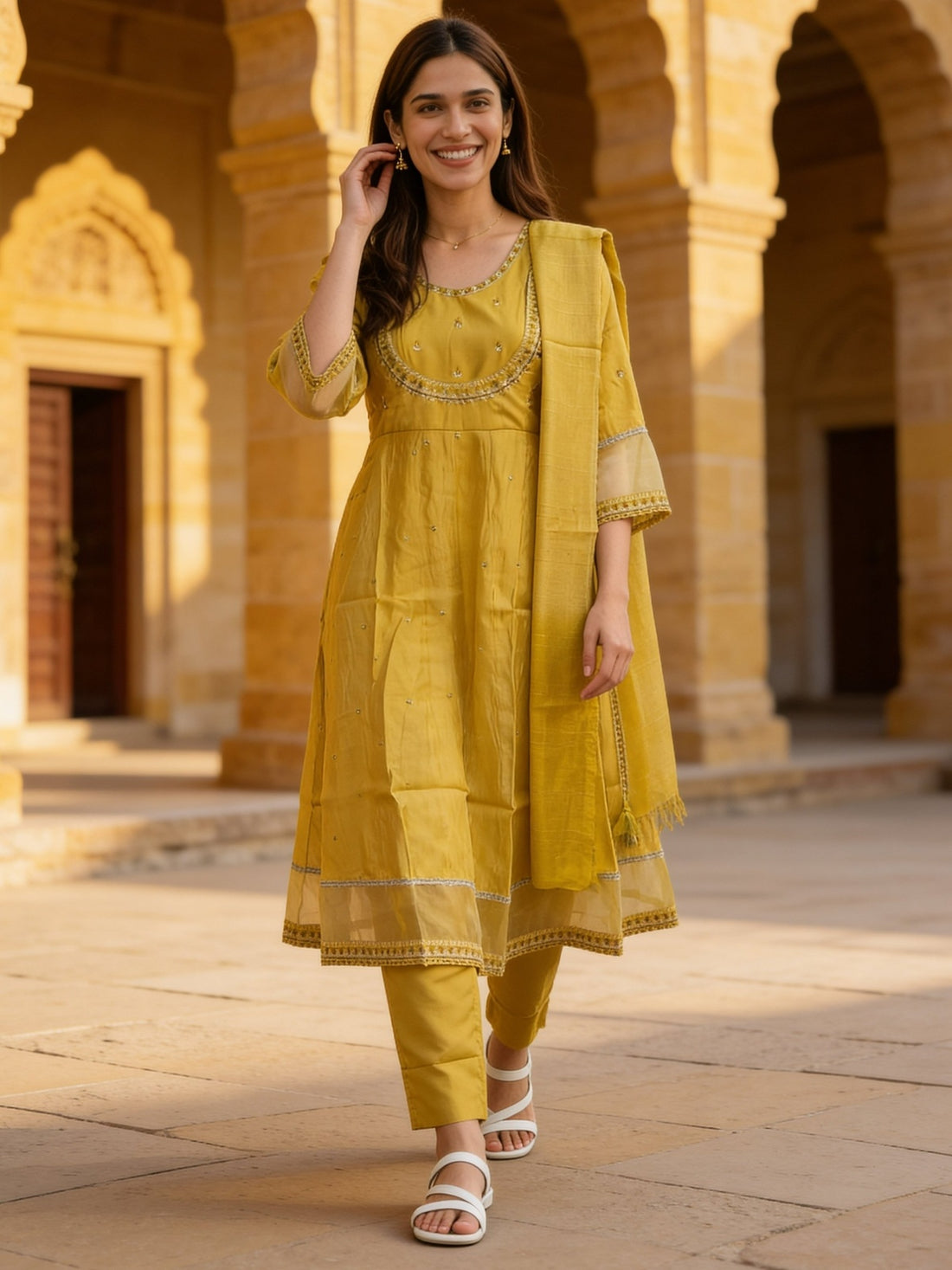 Buy Poly Viscose Embroidered Anarkali Calf Length Kurta With Pant and Dupatta-Yellow