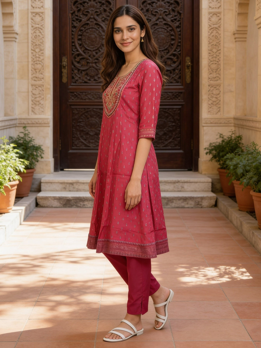 Buy Poly Viscose Embroidered Anarkali Calf Length Kurta With Pant and Dupatta-Pink