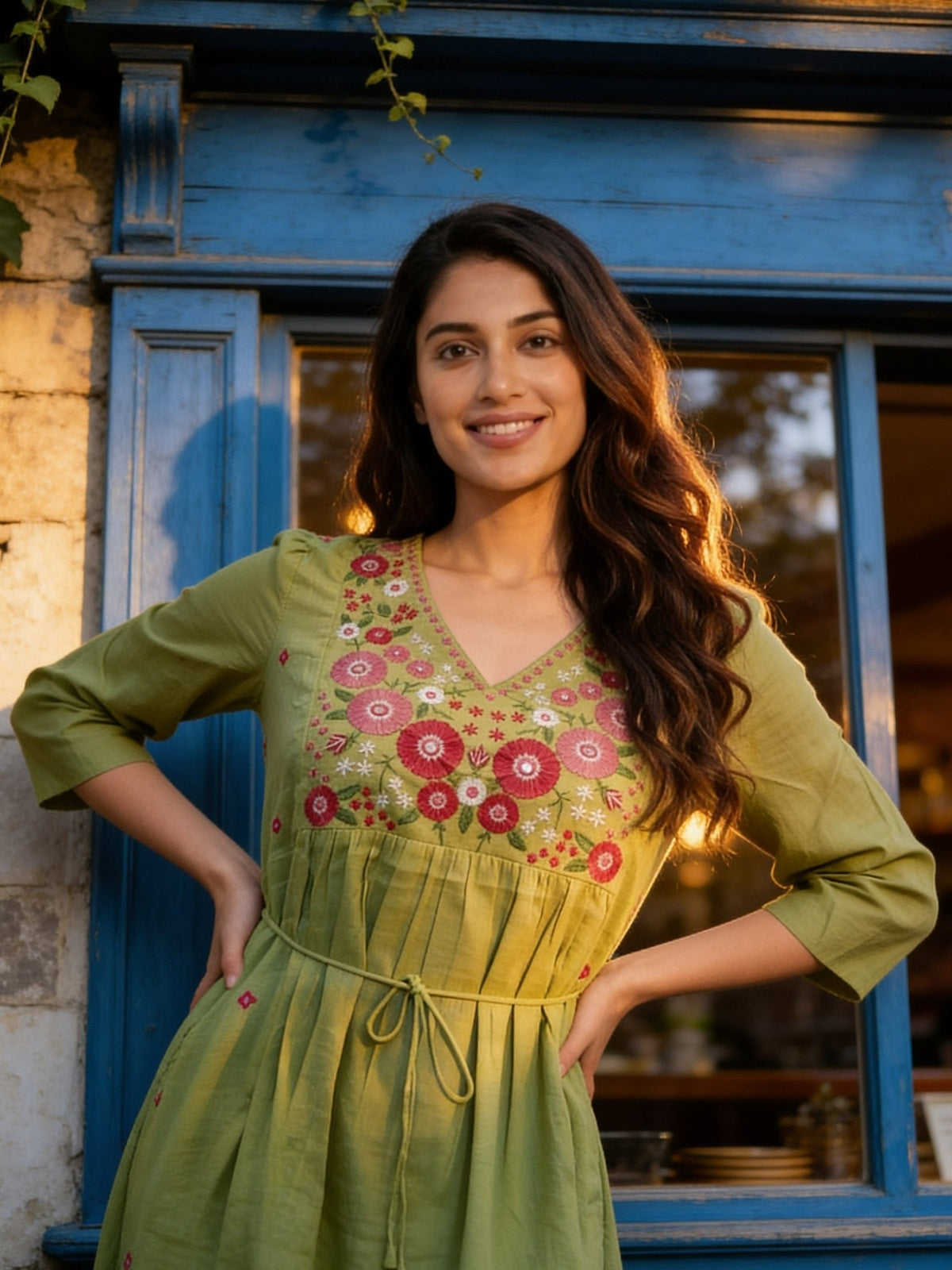 Cotton Embroidered Flared Calf Length Dress