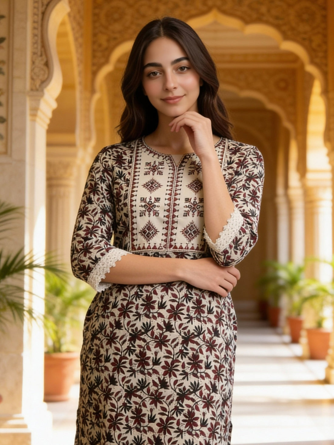 Buy Rayon Embroidered Straight Calf Length Kurta-Maroon