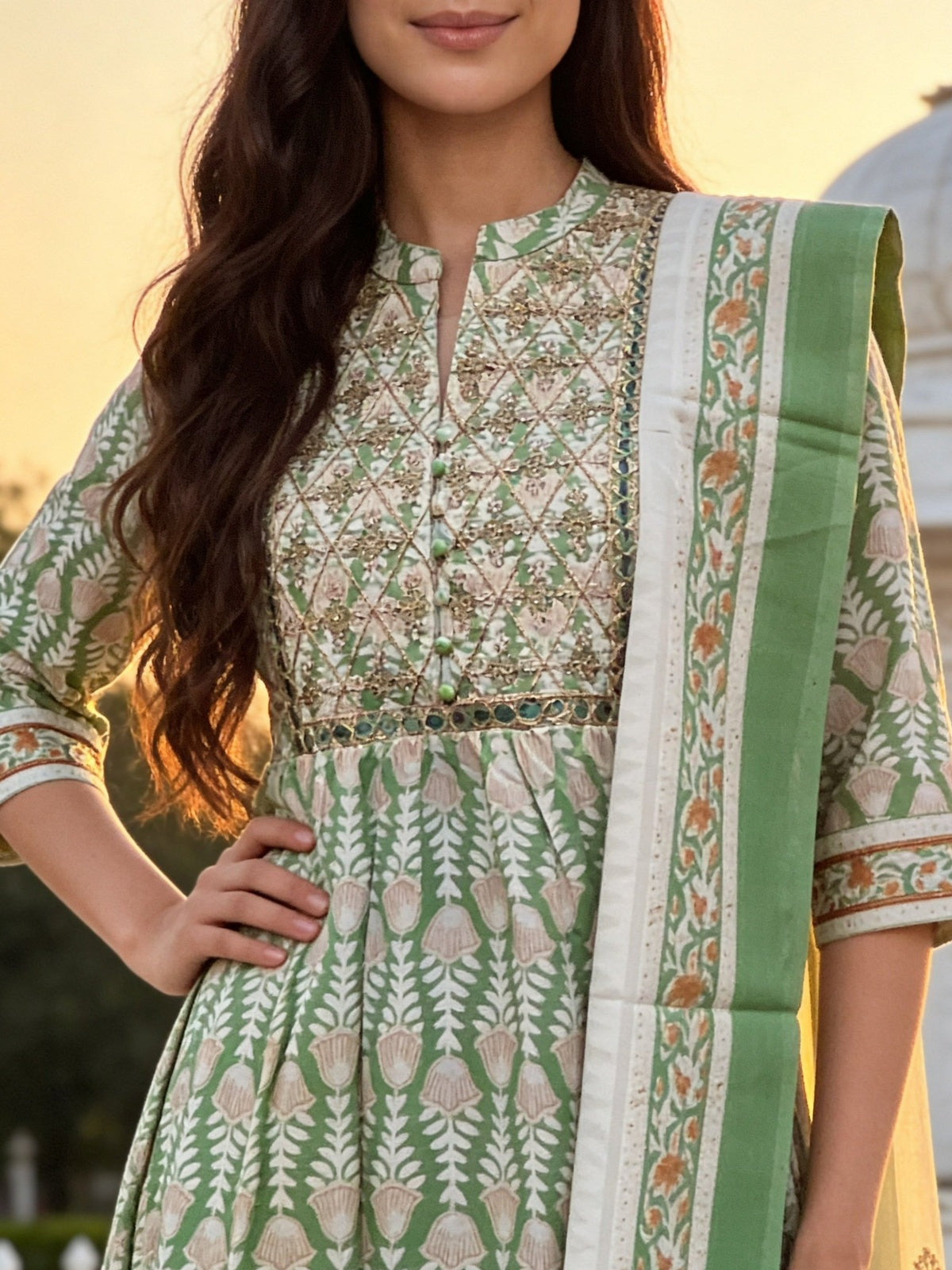 Cotton Embroidered Anarkali Calf Length Kurta With Pant and Dupatta