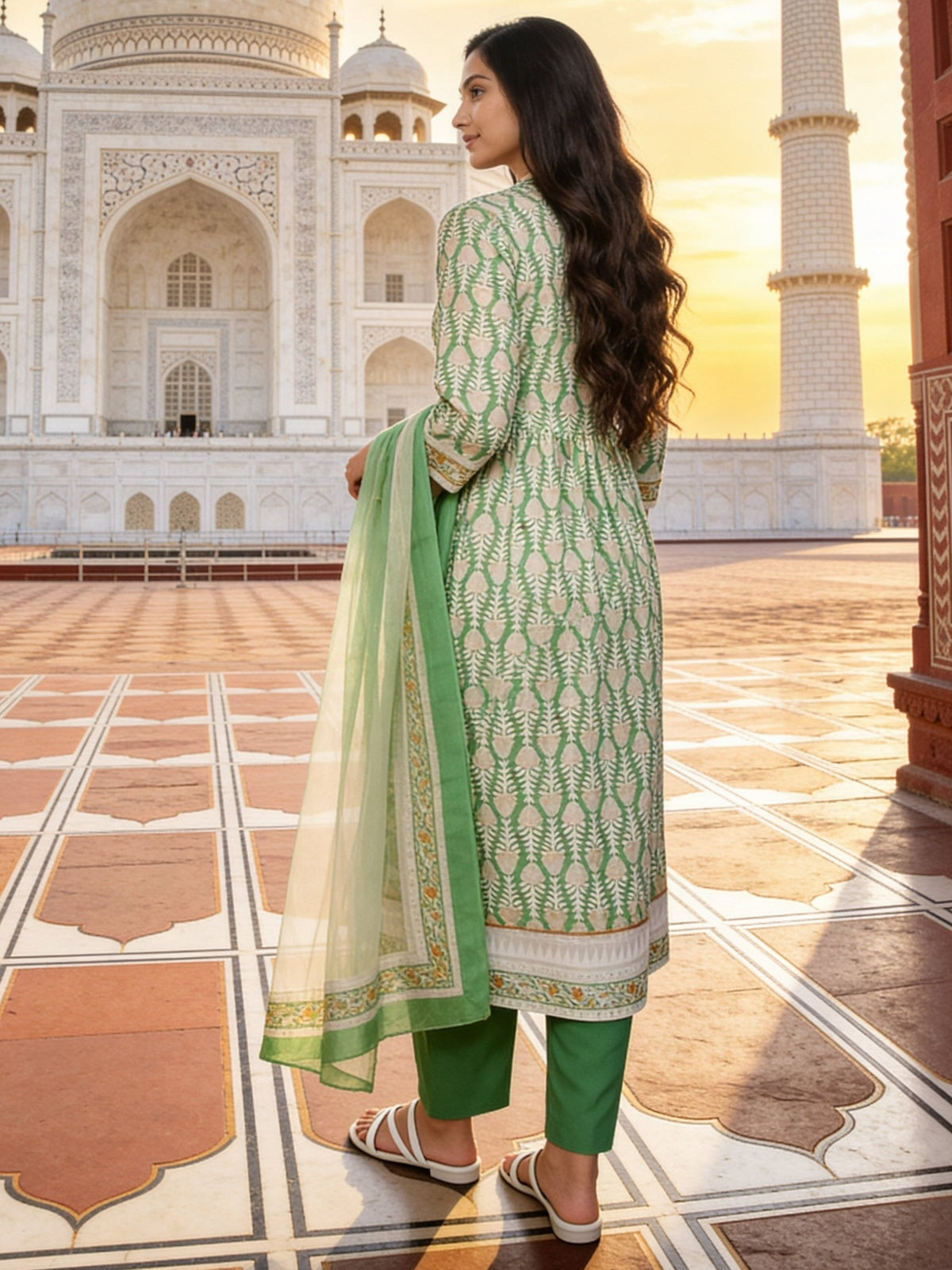 Cotton Embroidered Anarkali Calf Length Kurta With Pant and Dupatta