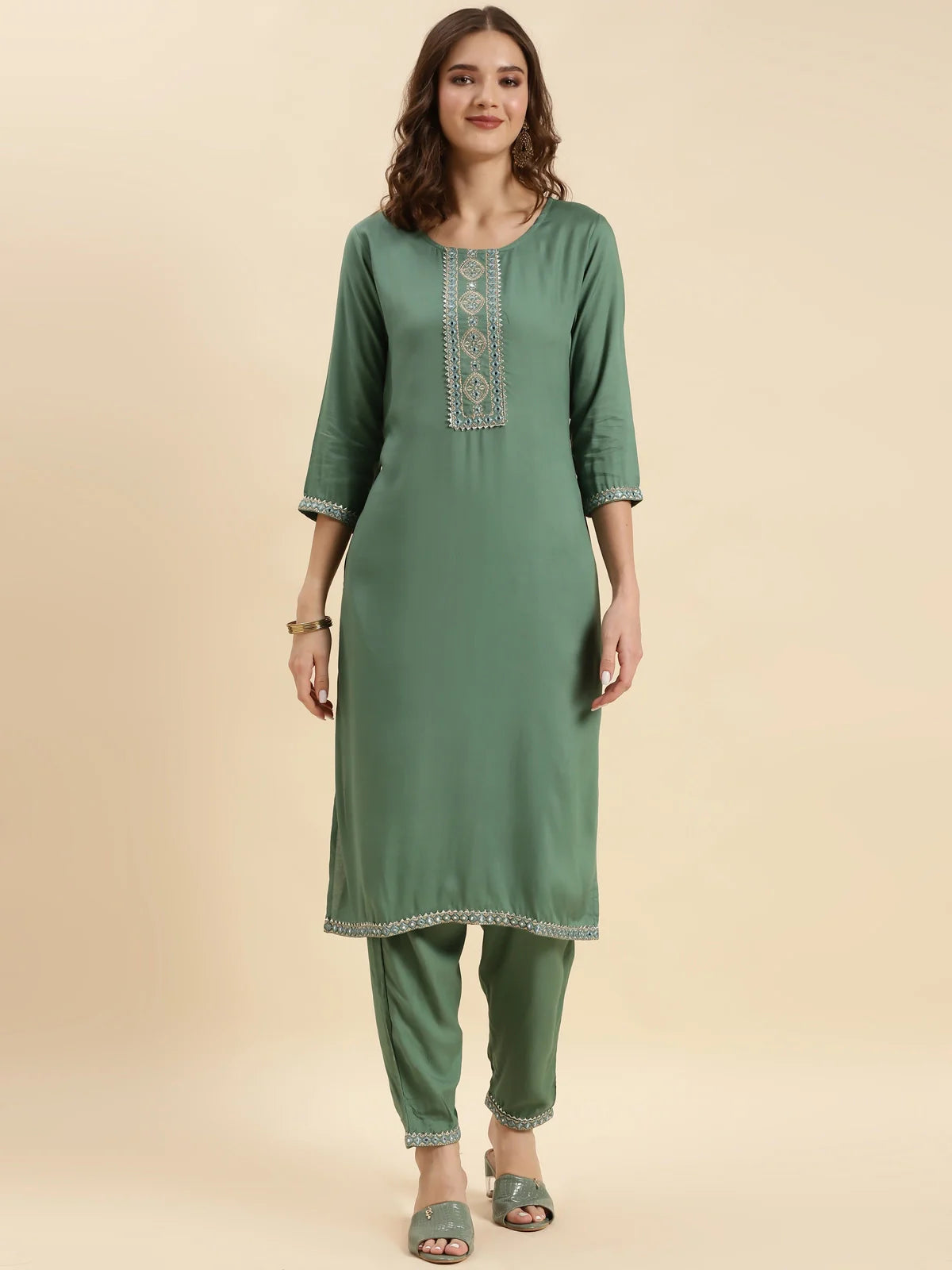 Buy Rayon Calf Length Zari Embroidered Straight Kurta With Pant-Green