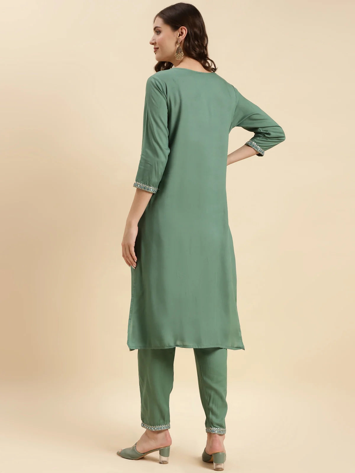 Buy Rayon Calf Length Zari Embroidered Straight Kurta With Pant-Green