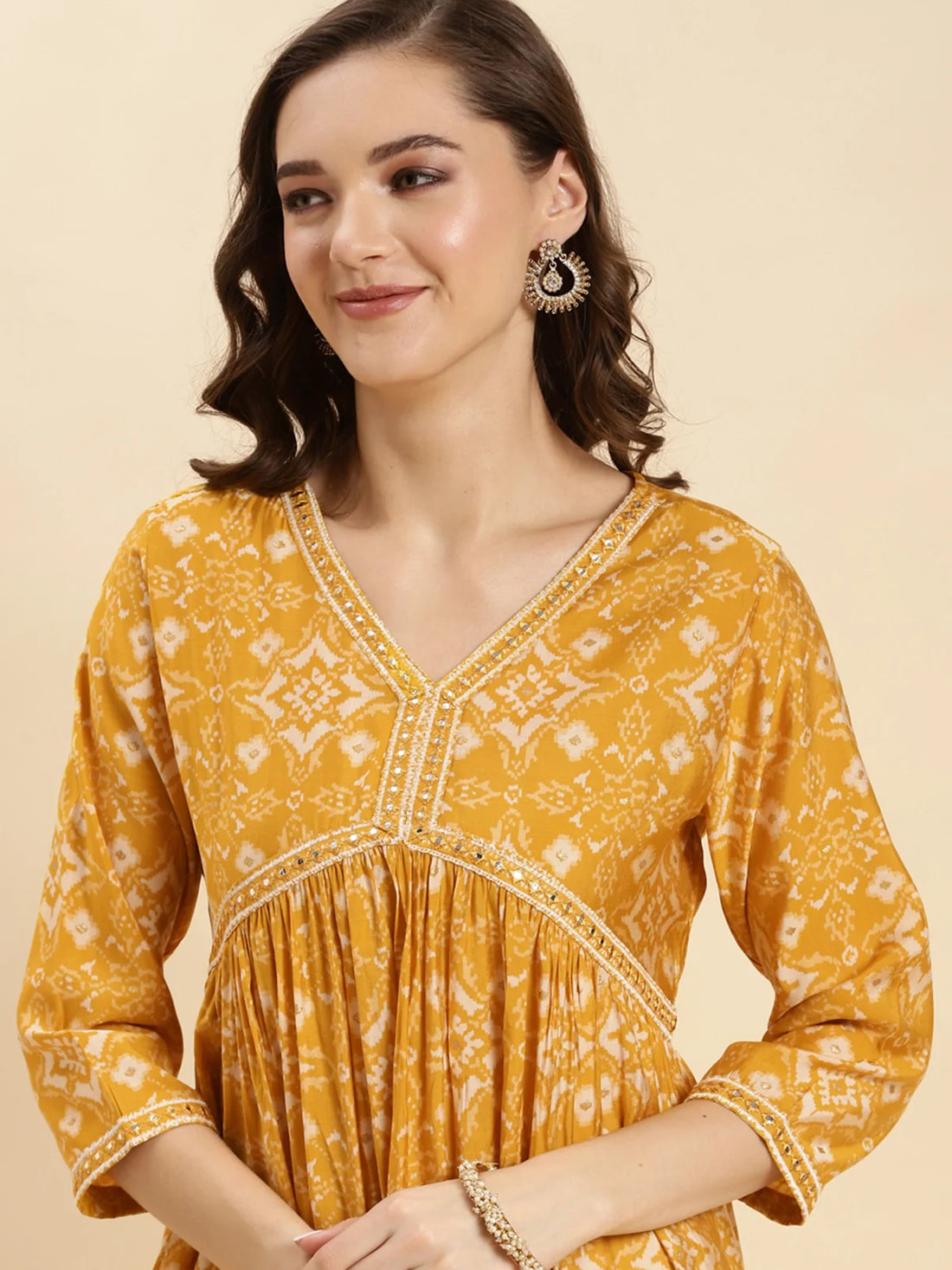 Buy Rayon Calf Length Ethnic Printed Anarkali Kurta With Pant And Dupatta-Yellow