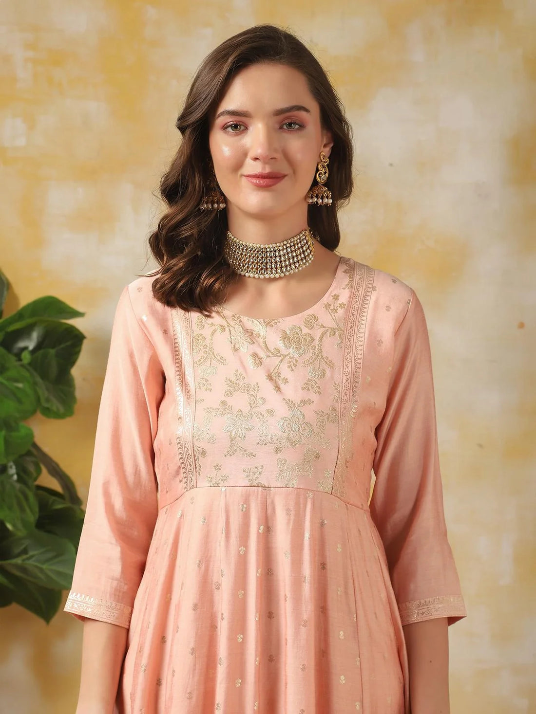 Buy Silk Gold Printed Calf Length Anarkali Kurta With Pant-Peach