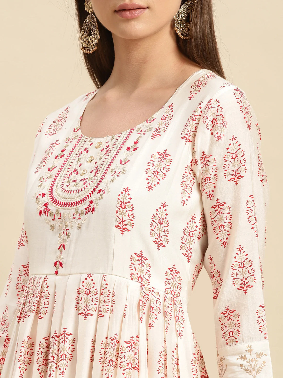 Buy Yoke Embroidered Buta Print Calf Length Anarkali Kurta-Off White