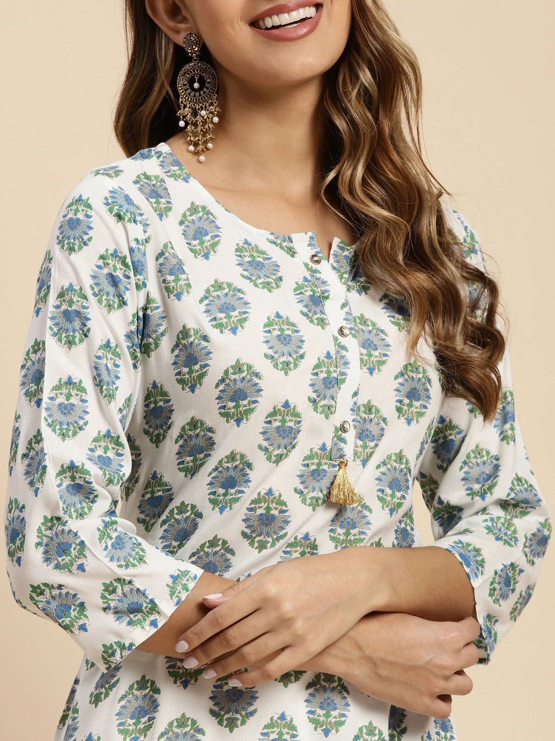 Buy Rayon All Over Floral Printed Calf Length A-line Kurta-White