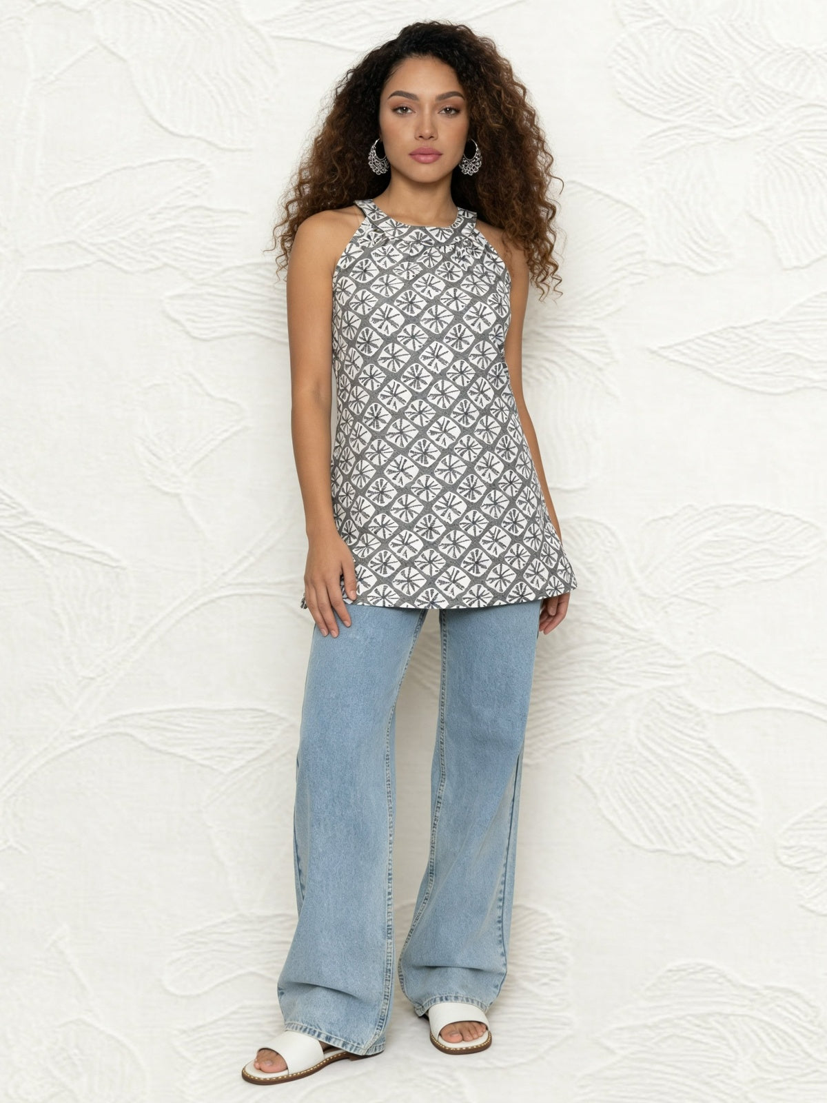 Grey Cotton Printed Straight Tunic