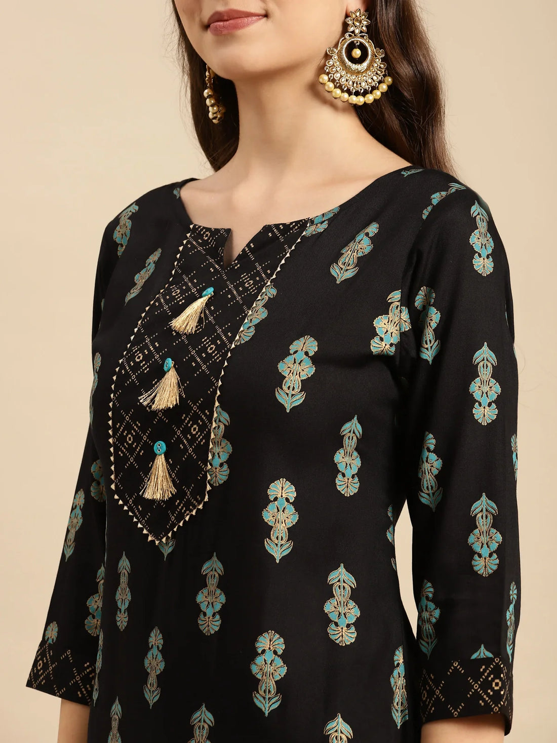 Buy Rayon Tonal Border Floral Print Calf Length Partywear Straight Kurta With Palazzo-Black