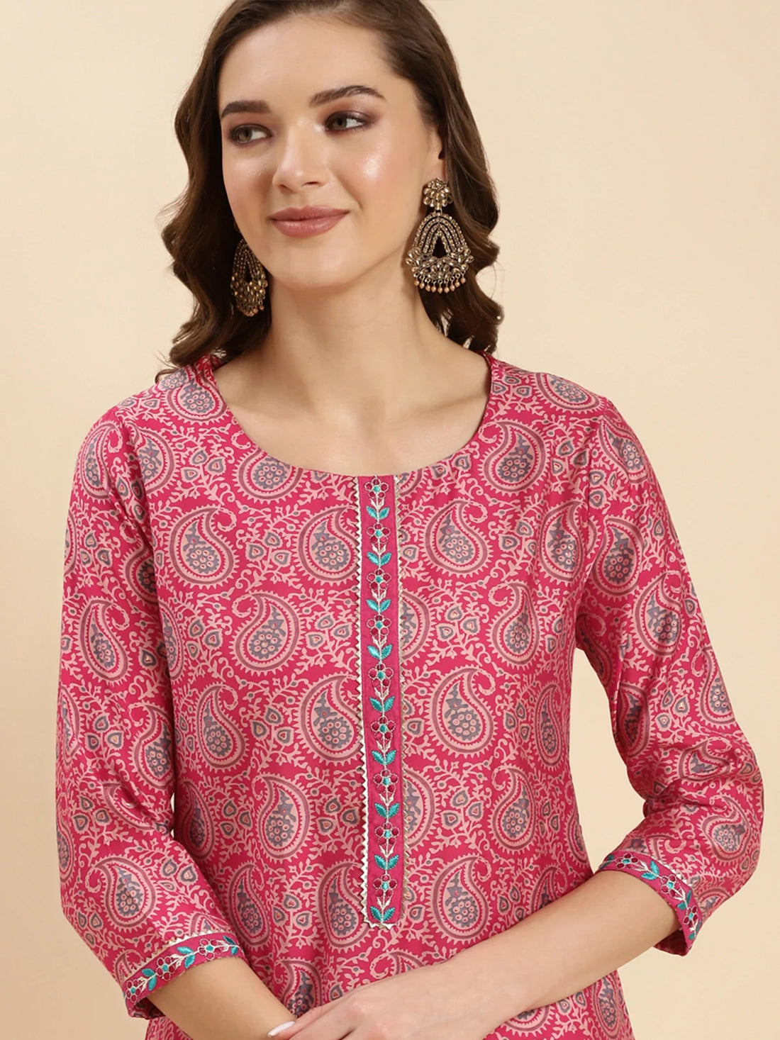 Buy Rayon Calf Length Ethnic Printed Straight Kurta With Pant And Dupatta-Magenta