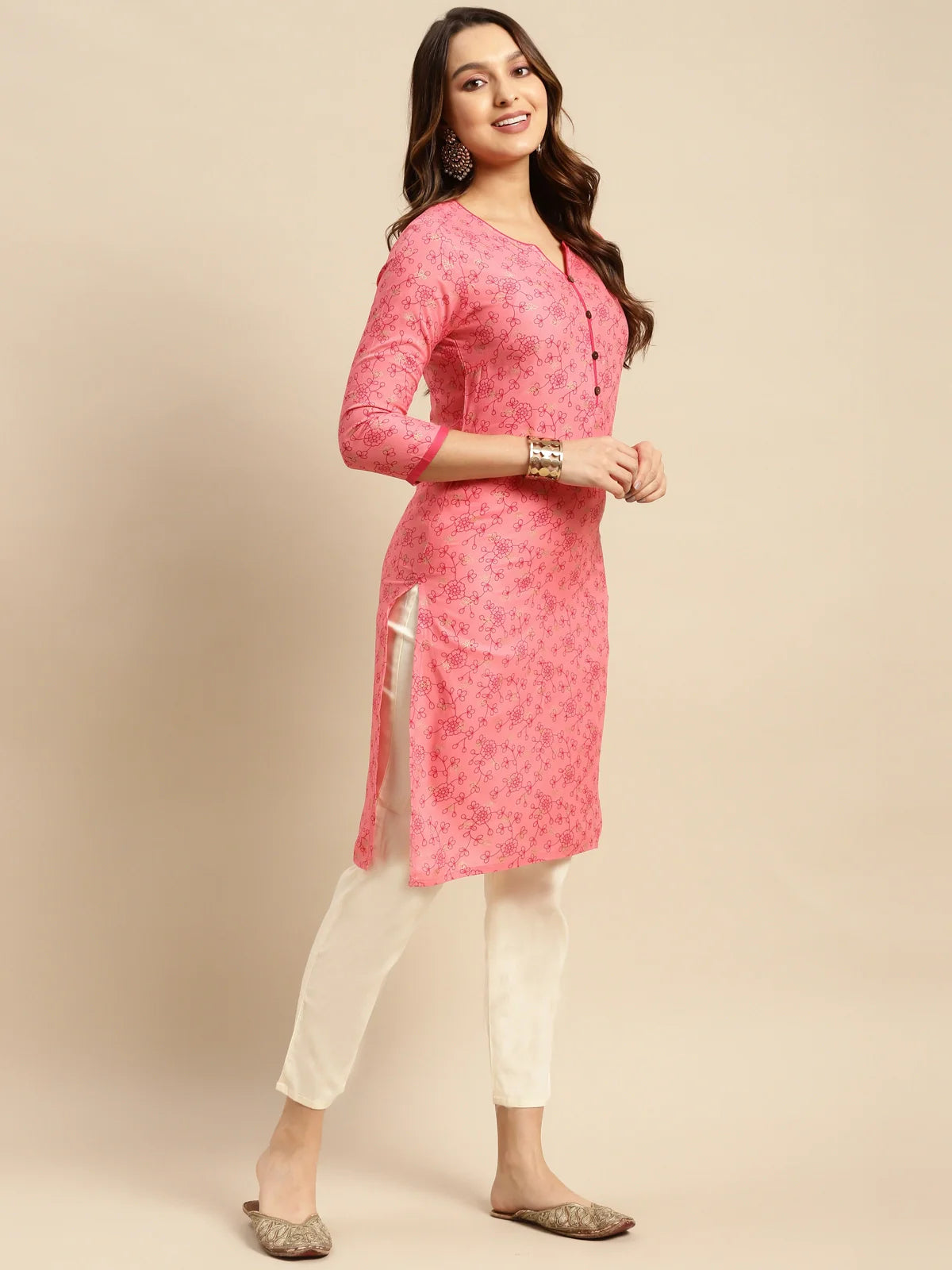 Buy Rayon Floral Printed Knee Length Straight Kurta-Pink