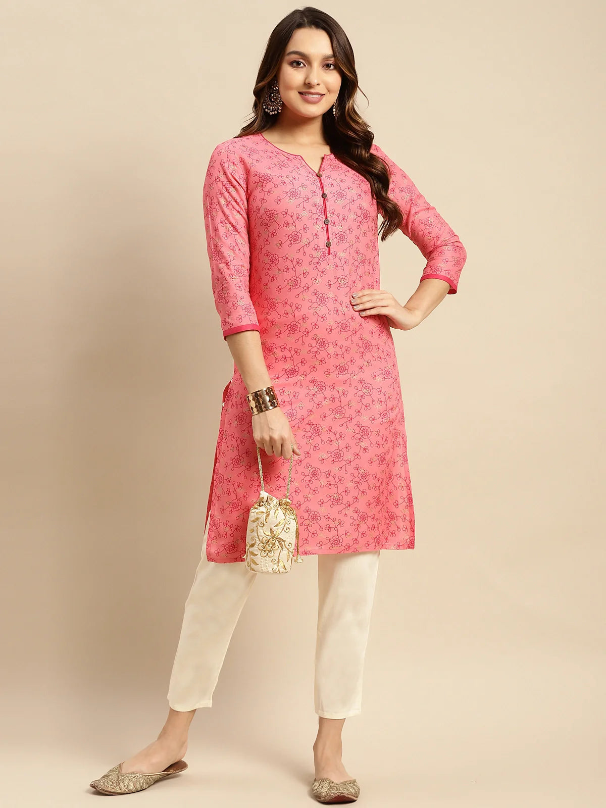 Buy Rayon Floral Printed Knee Length Straight Kurta-Pink