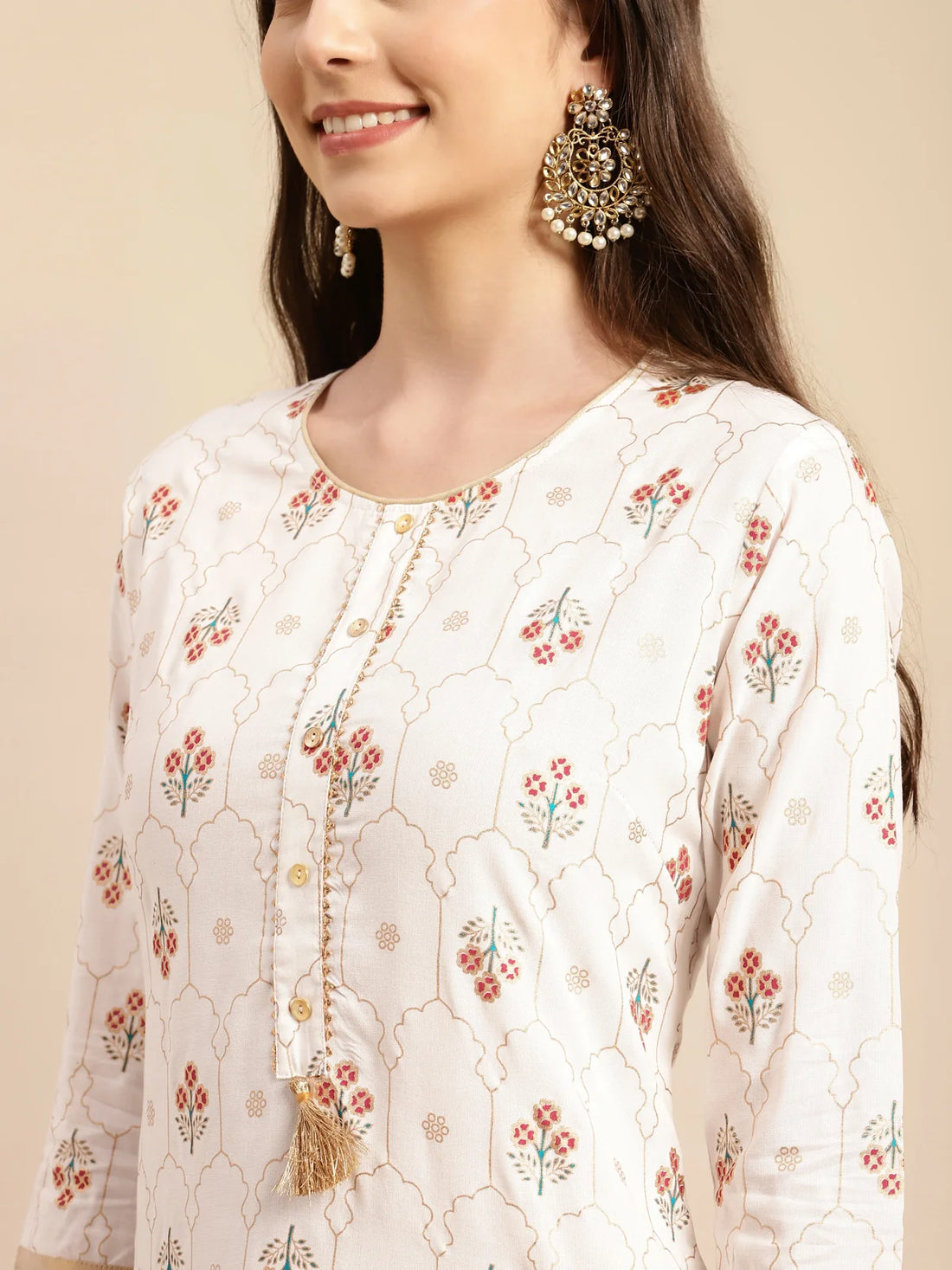 Buy Rayon Floral Printed Calf Length Straight Kurta With Pant-White