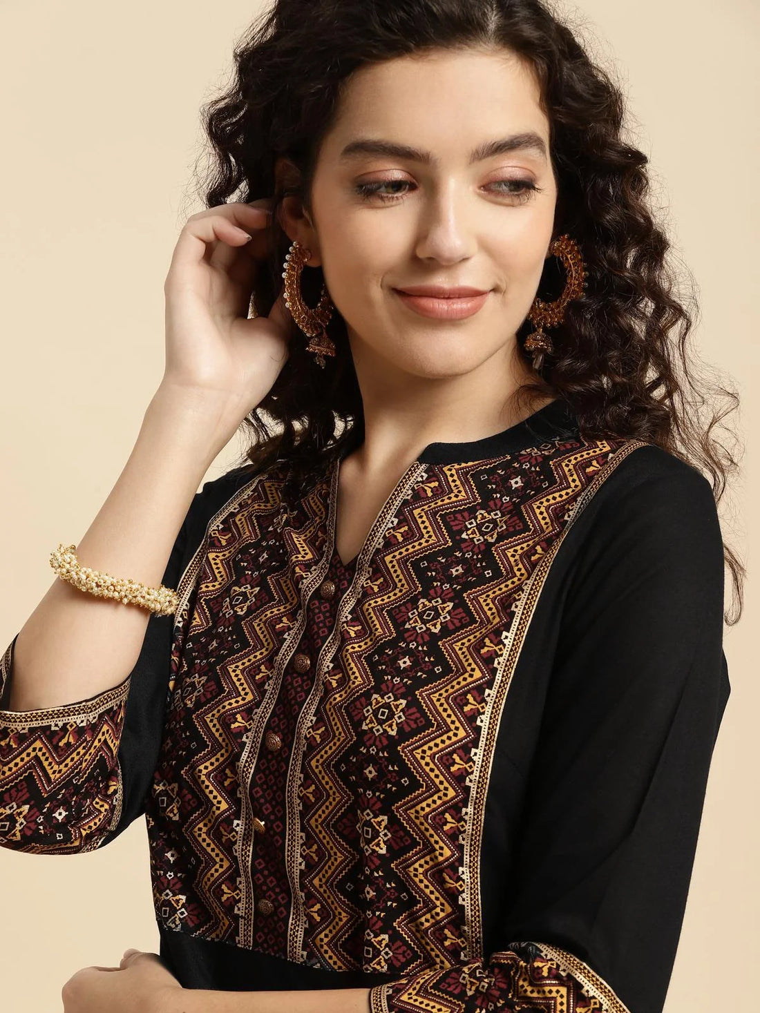 Buy Rayon Ethnic Printed Calf Length Flared Kurta-Black