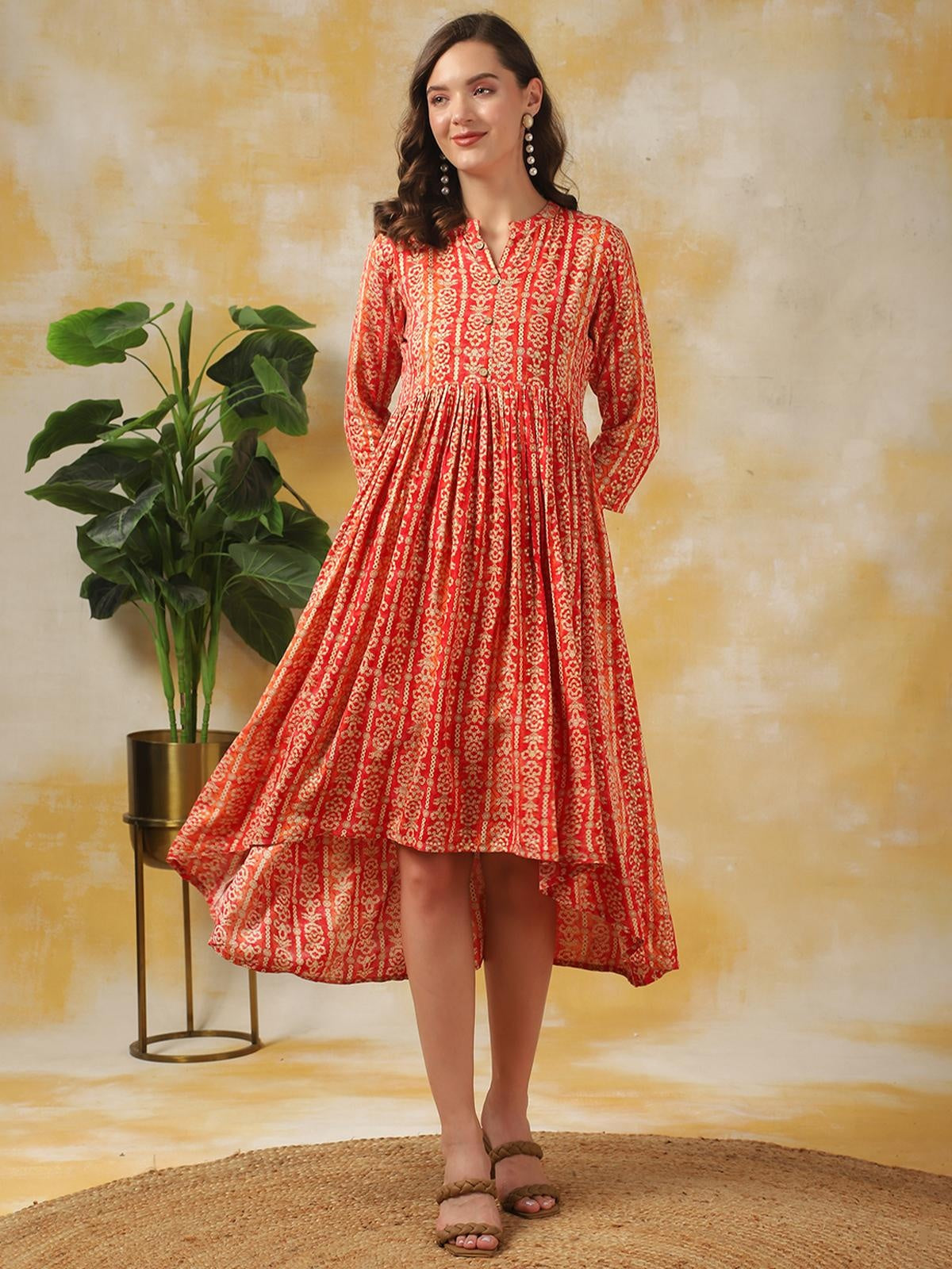 Buy రేయాన్ ప్రింటెడ్ అసిమెట్రిక్ కాఫ్ లెంగ్త్ ఎత్నిక్ డ్రెస్-పగడపు