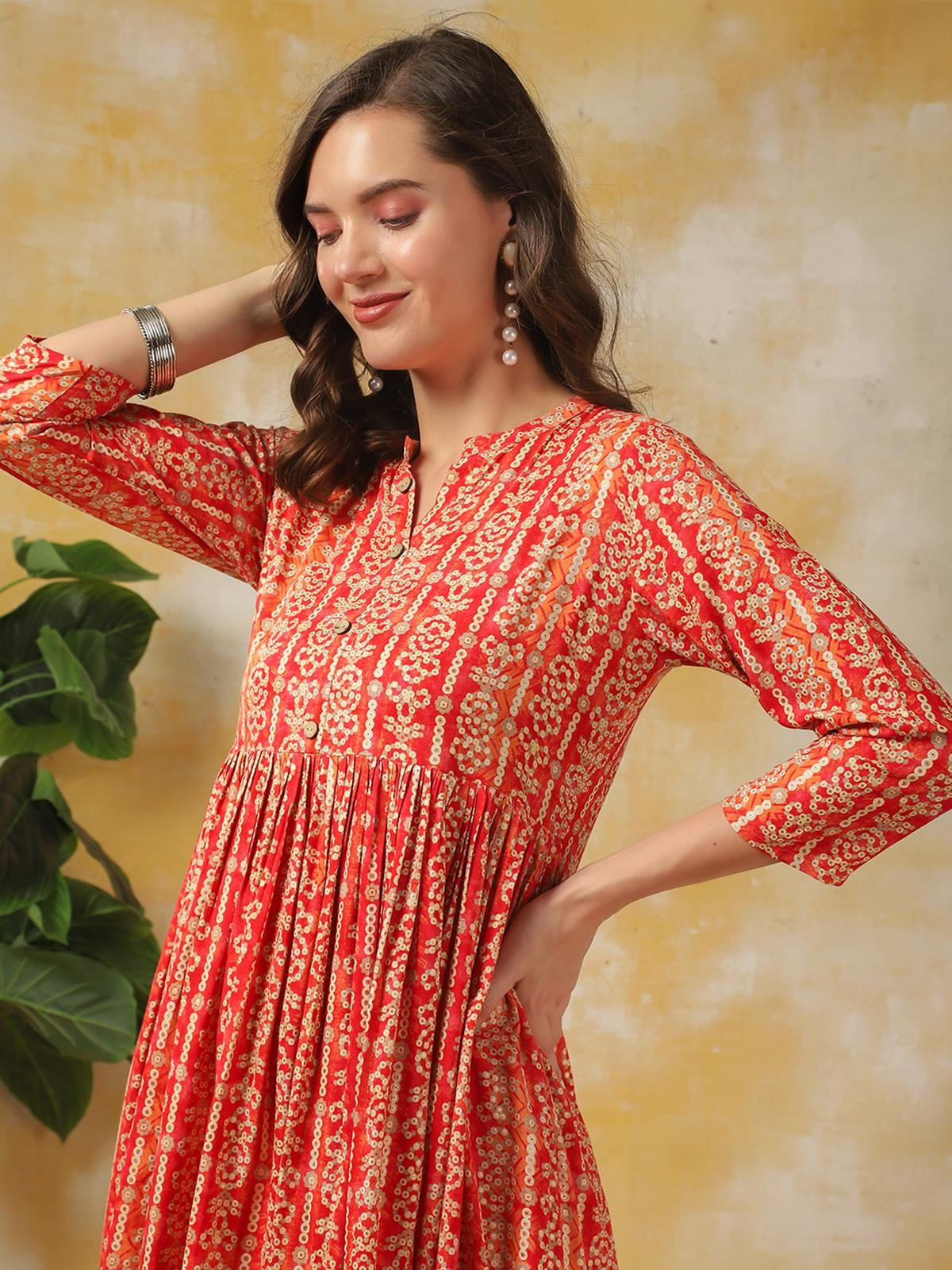 Buy రేయాన్ ప్రింటెడ్ అసిమెట్రిక్ కాఫ్ లెంగ్త్ ఎత్నిక్ డ్రెస్-పగడపు