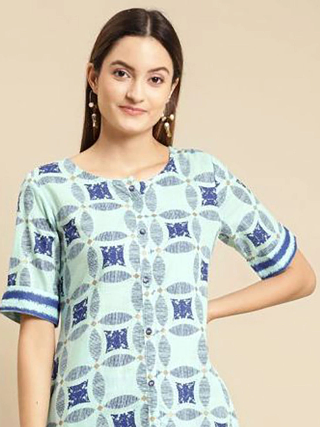 Buy 100% Cotton Printed Calf Length A-line Kurta With Palazzo-Blue