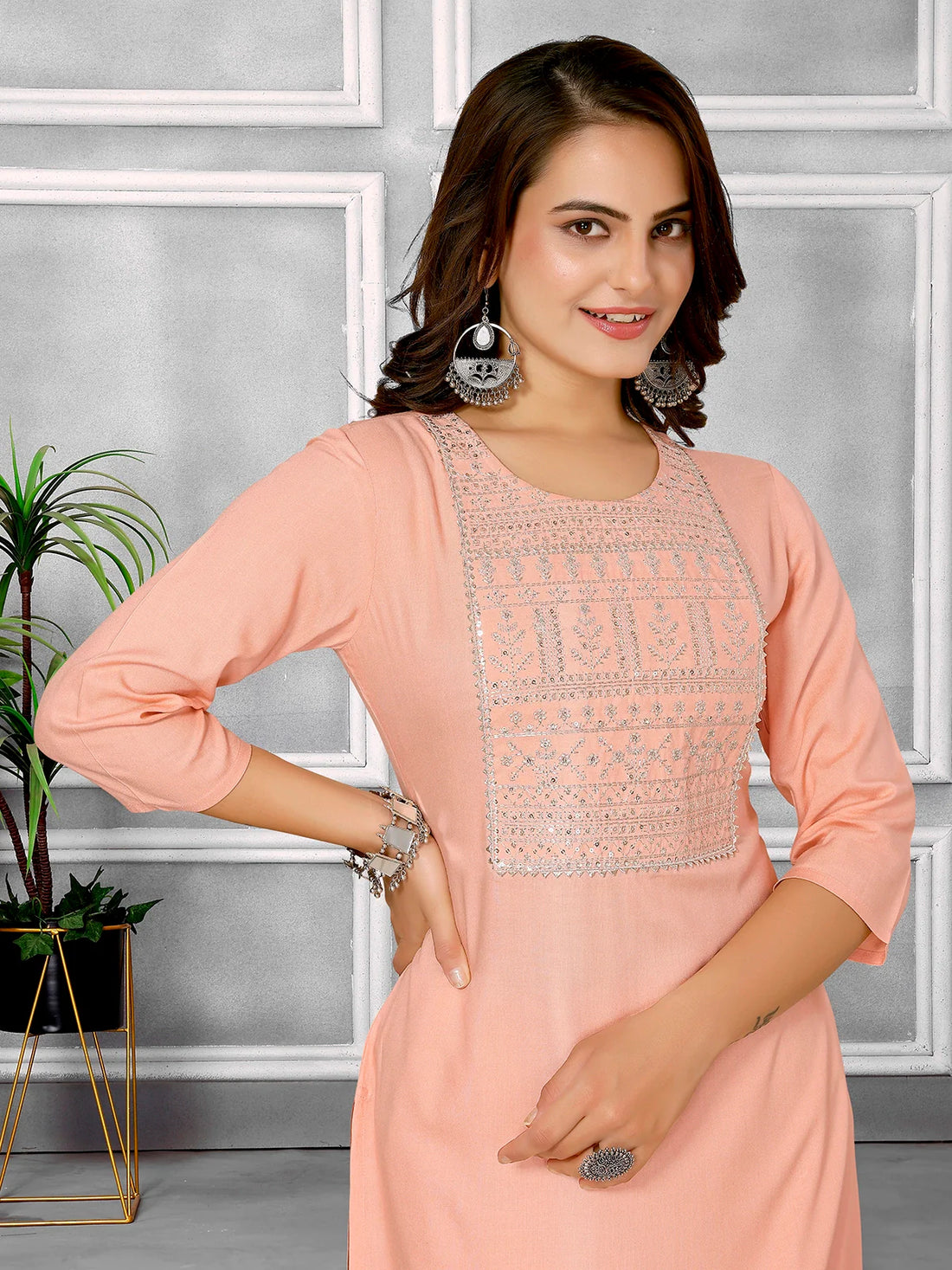 Buy Rayon Embroidered Knee Length Straight Kurta-Peach