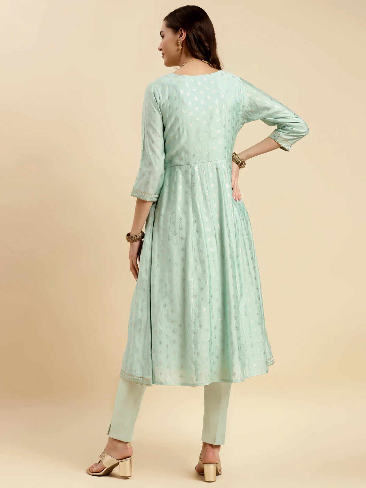 Buy Silk Gold Printed Calf Length Anarkali Kurta With Pant-Sea Green