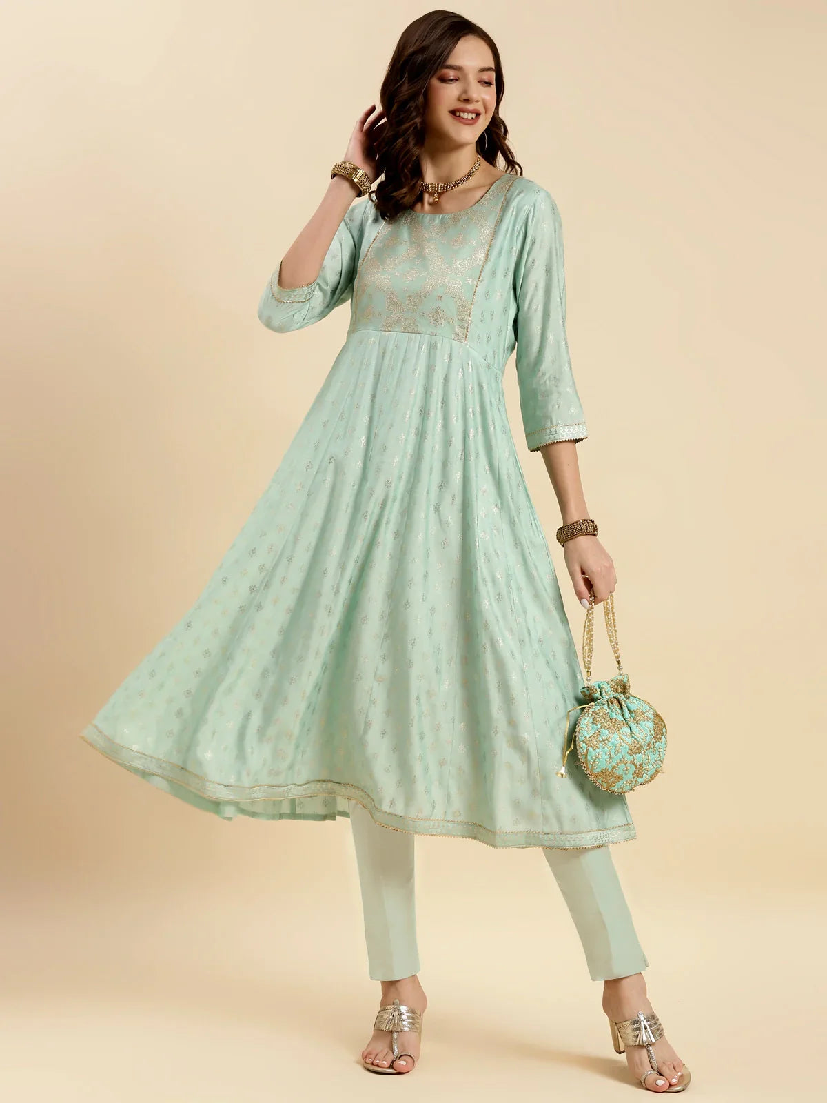 Buy Silk Gold Printed Calf Length Anarkali Kurta With Pant-Sea Green