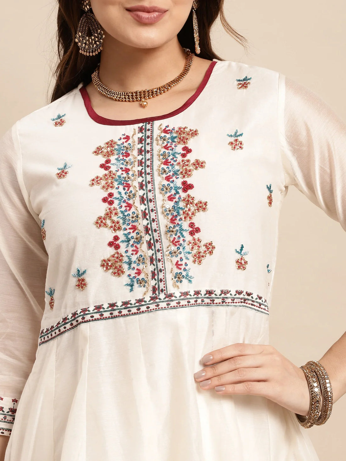 Buy Chanderi Yoke Embroidered Calf Length Anarkali Kurta-Off White