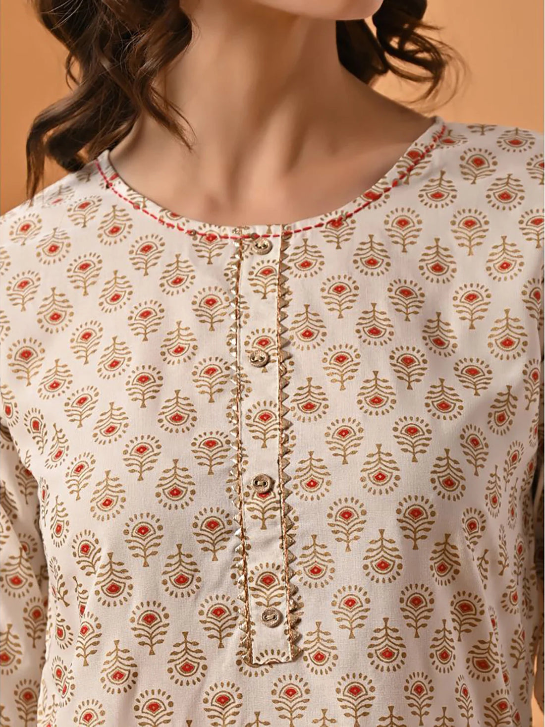 Buy Rayon Ethnic Gold Printed Knee Length Straight Kurta With Pant-Off White