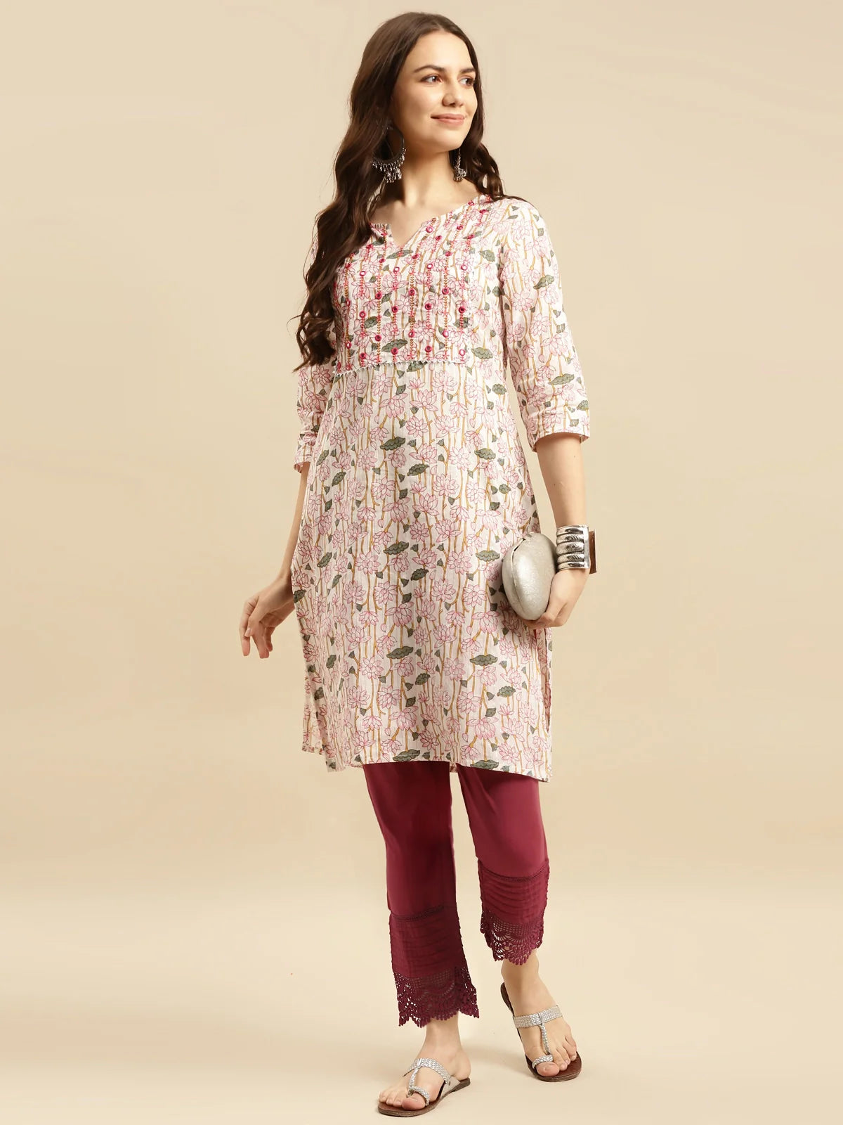 Buy 100% కాటన్ సాలిడ్ కాఫ్ లెంగ్త్ స్ట్రెయిట్ ప్యాంటు (2 ప్యాక్)-మెరూన్ & ఆఫ్ వైట్