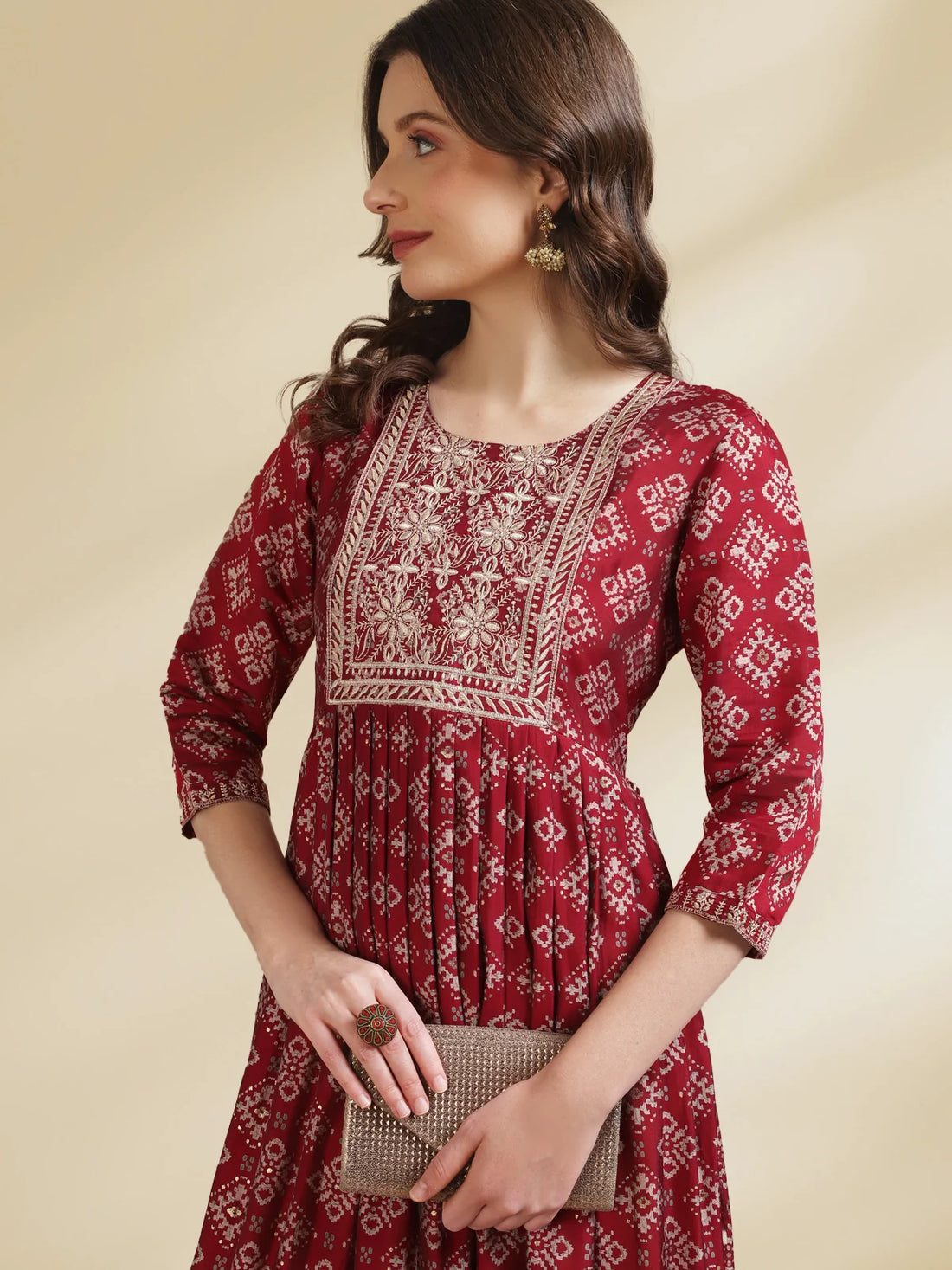 Buy Chanderi Embroidered Calf Length Nayra Kurta-Maroon