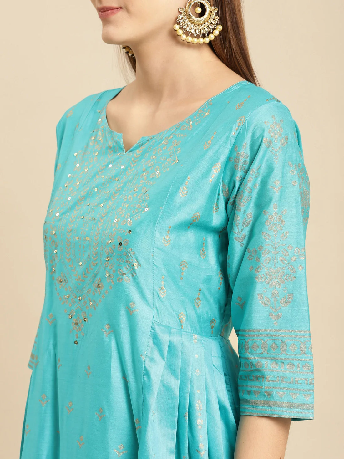 Buy Sequin Yoke Gold Printed Calf Length Kurta With Gathers At Side-Turquoise