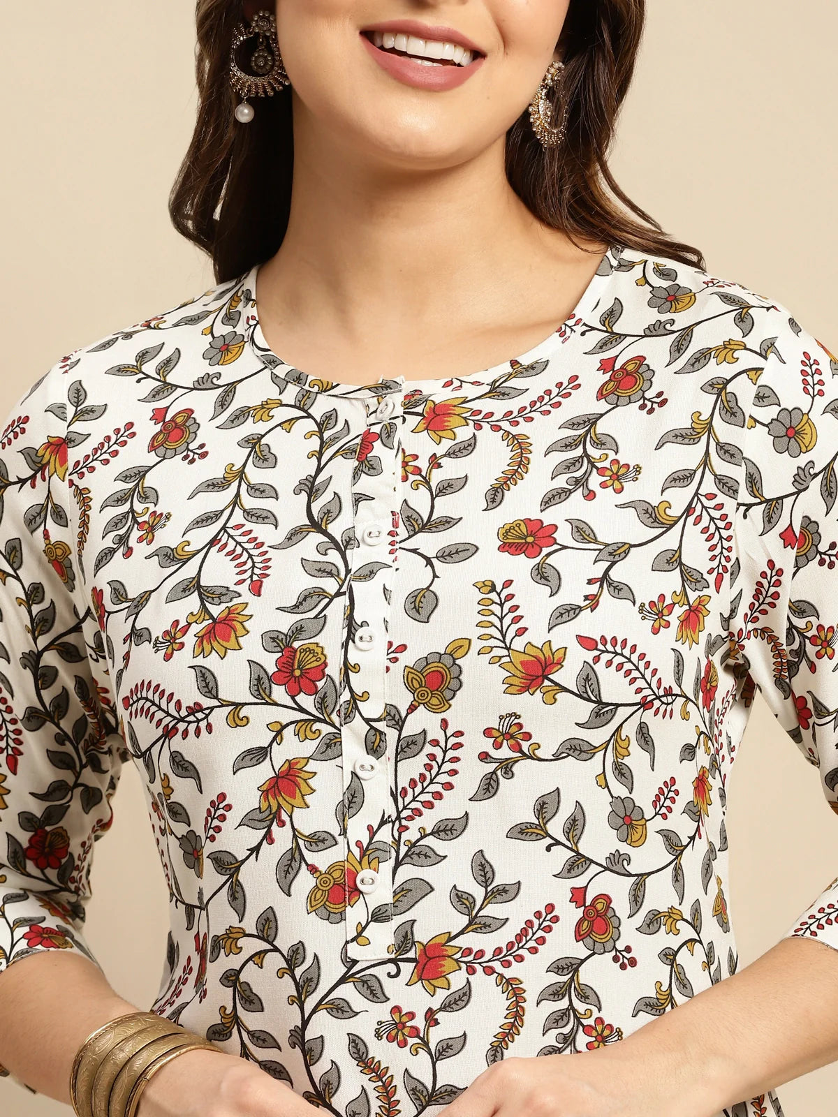Buy Rayon Floral Printed Calf Length Straight Kurta-White