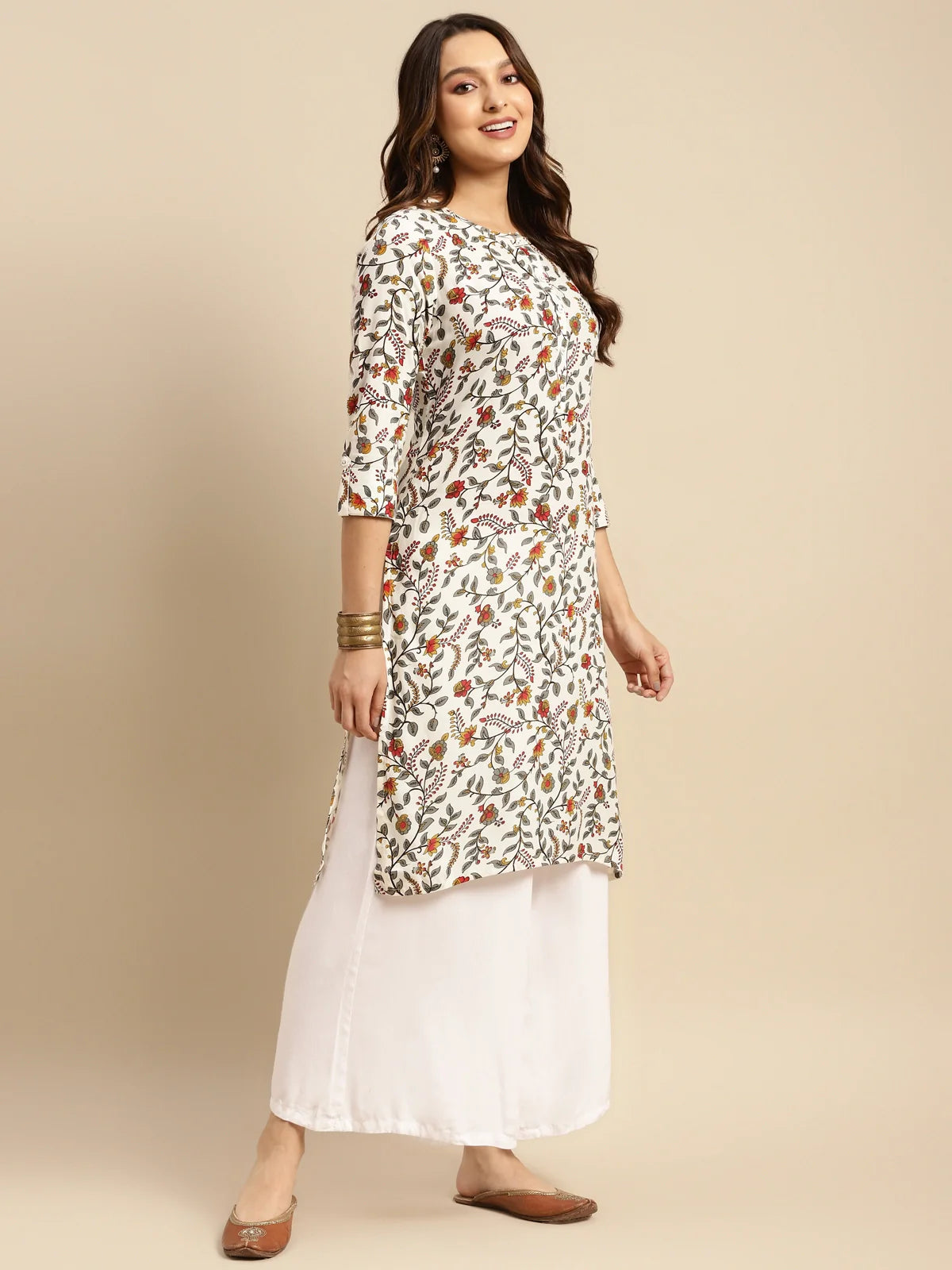 Buy Rayon Floral Printed Calf Length Straight Kurta-White