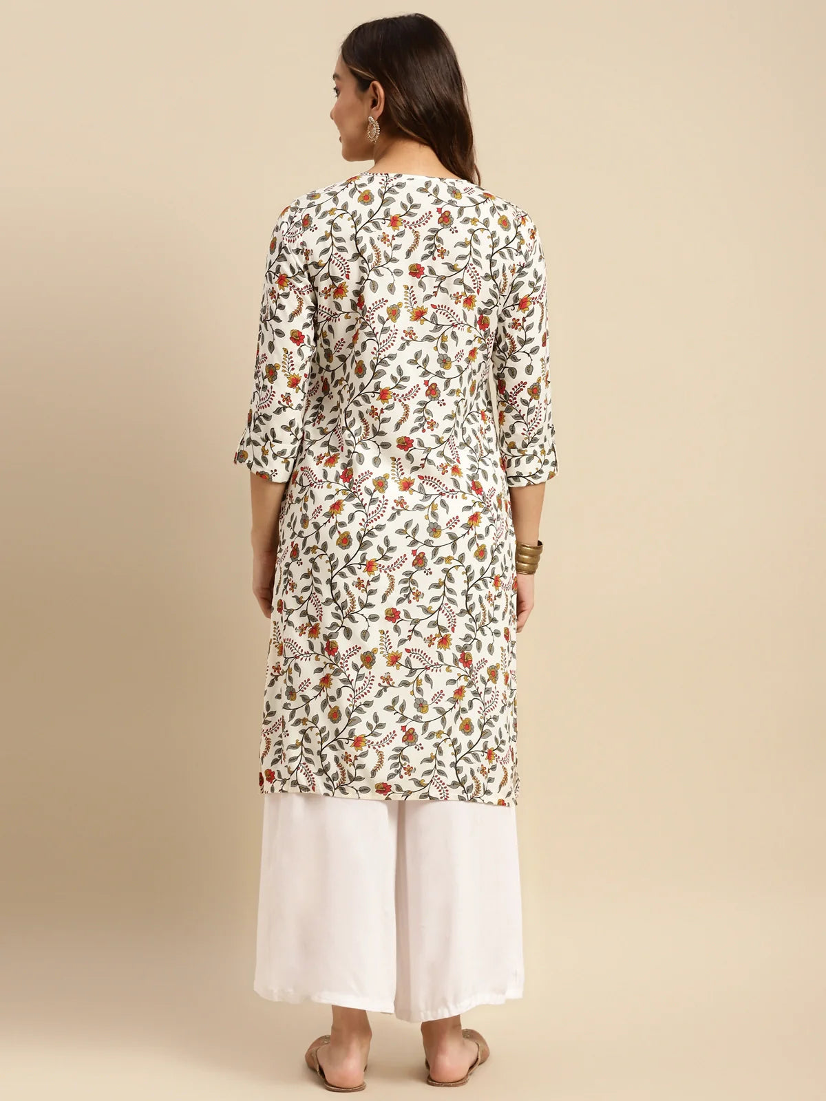 Buy Rayon Floral Printed Calf Length Straight Kurta-White