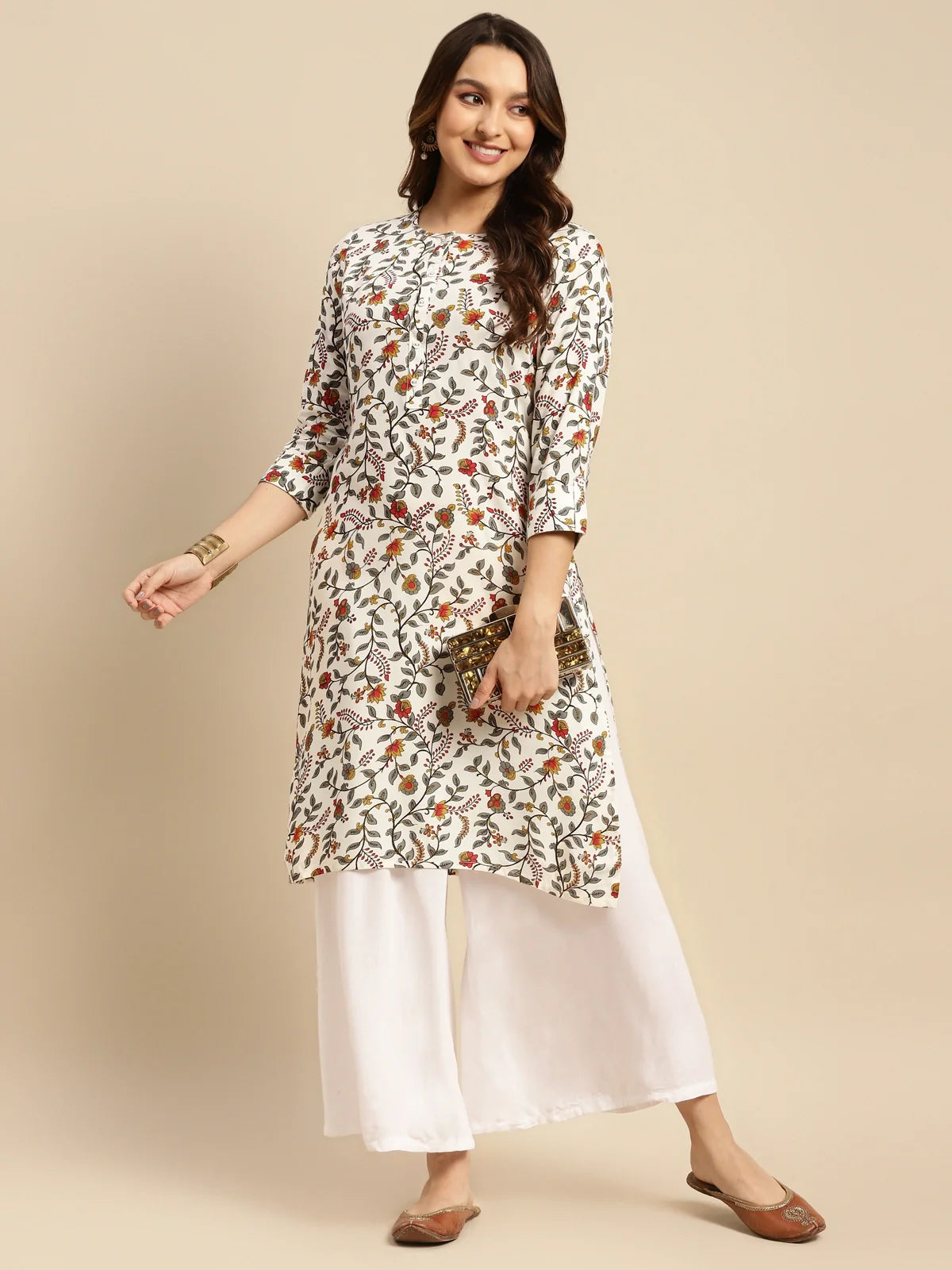 Buy Rayon Floral Printed Calf Length Straight Kurta-White