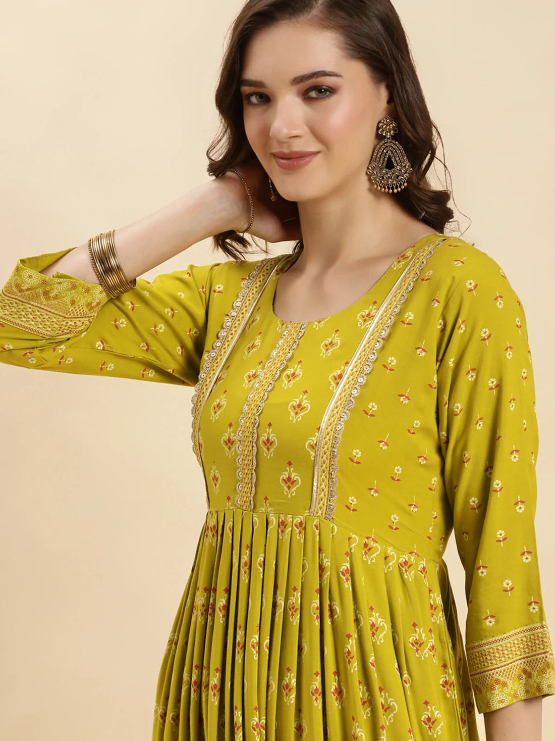 Buy Rayon Embellished Calf Length Anarkali Kurta-Lime Green