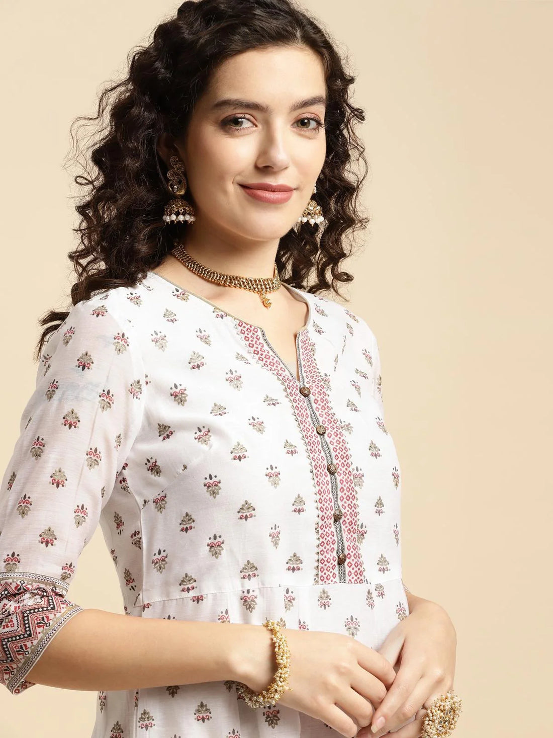 Buy Poly Chanderi Ethnic Printed Calf Length Flared Kurta-Off White