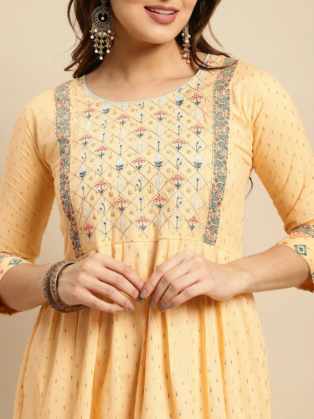Buy 100% Cotton Yoke Embroidered Calf Length Anarkali Kurta-Beige