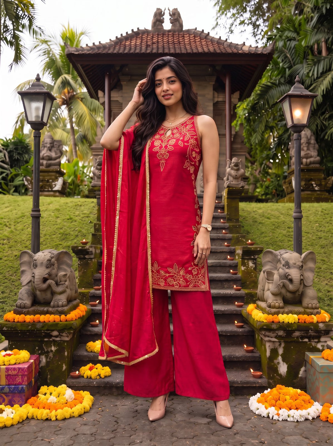 Buy Viscose Embroidered Straight Knee Length Kurta With Pant and Dupatta-Red