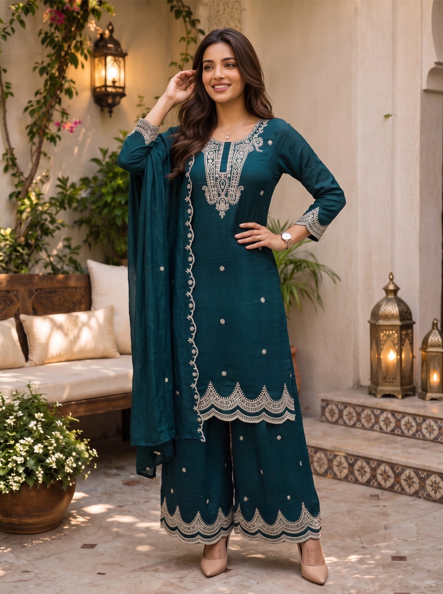 Viscose Embroidered Straight Knee Length Kurta With Pant and Dupatta