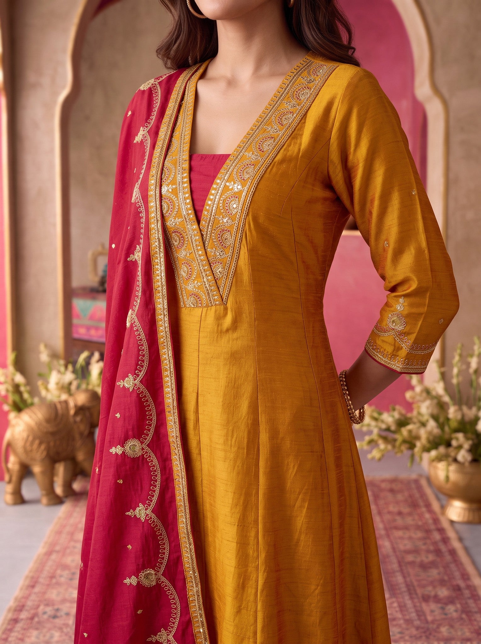 Viscose Embroidered Flared Calf Length Kurta With Pant and Dupatta