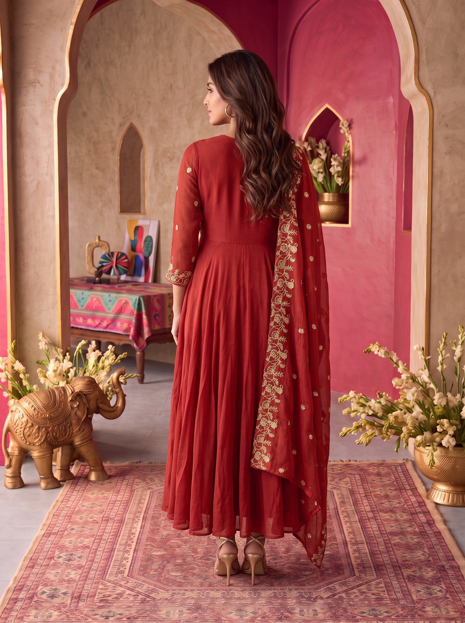 Viscose Embroidered Flared Calf Length Kurta With Pant and Dupatta