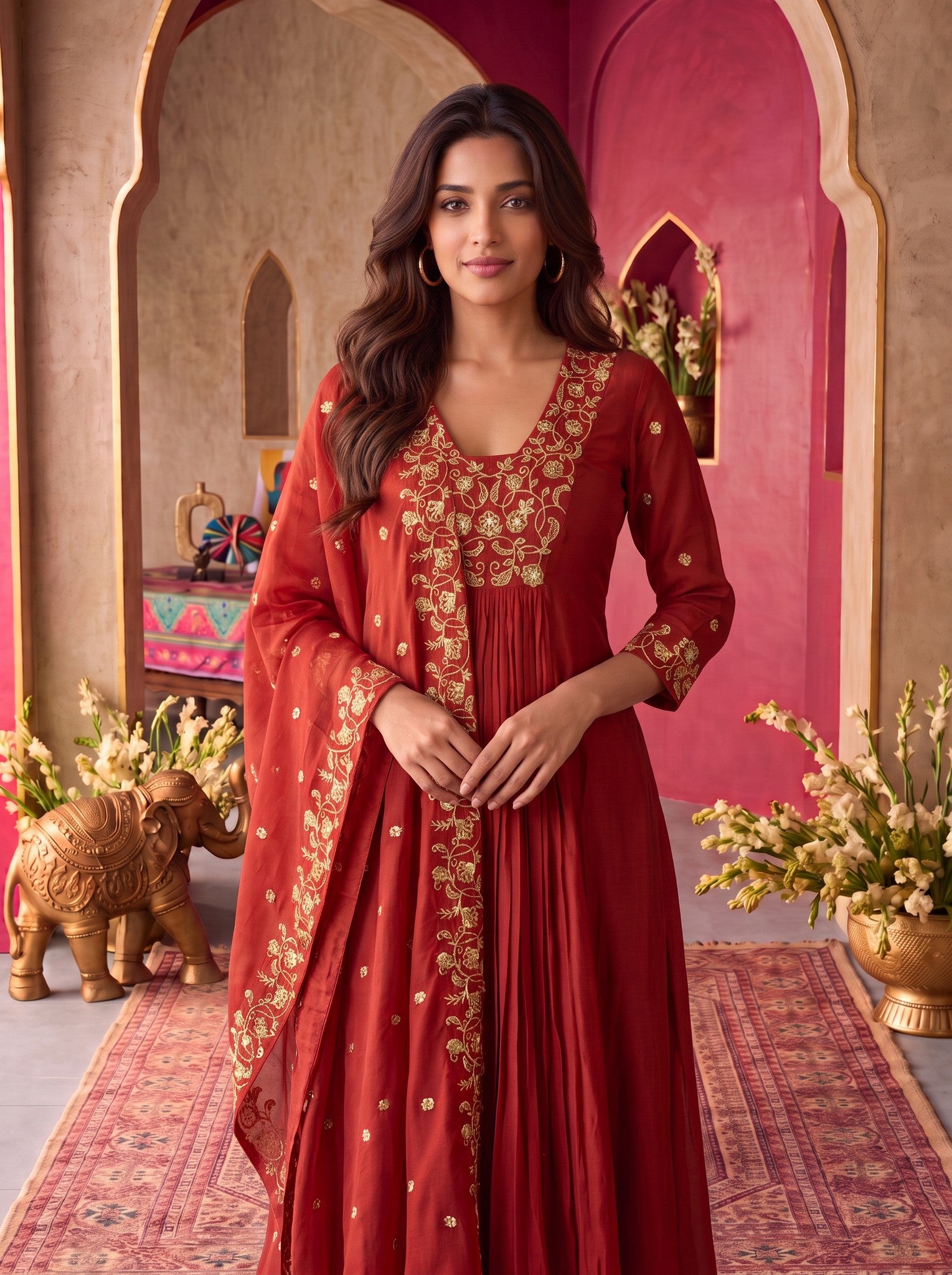 Viscose Embroidered Flared Calf Length Kurta With Pant and Dupatta