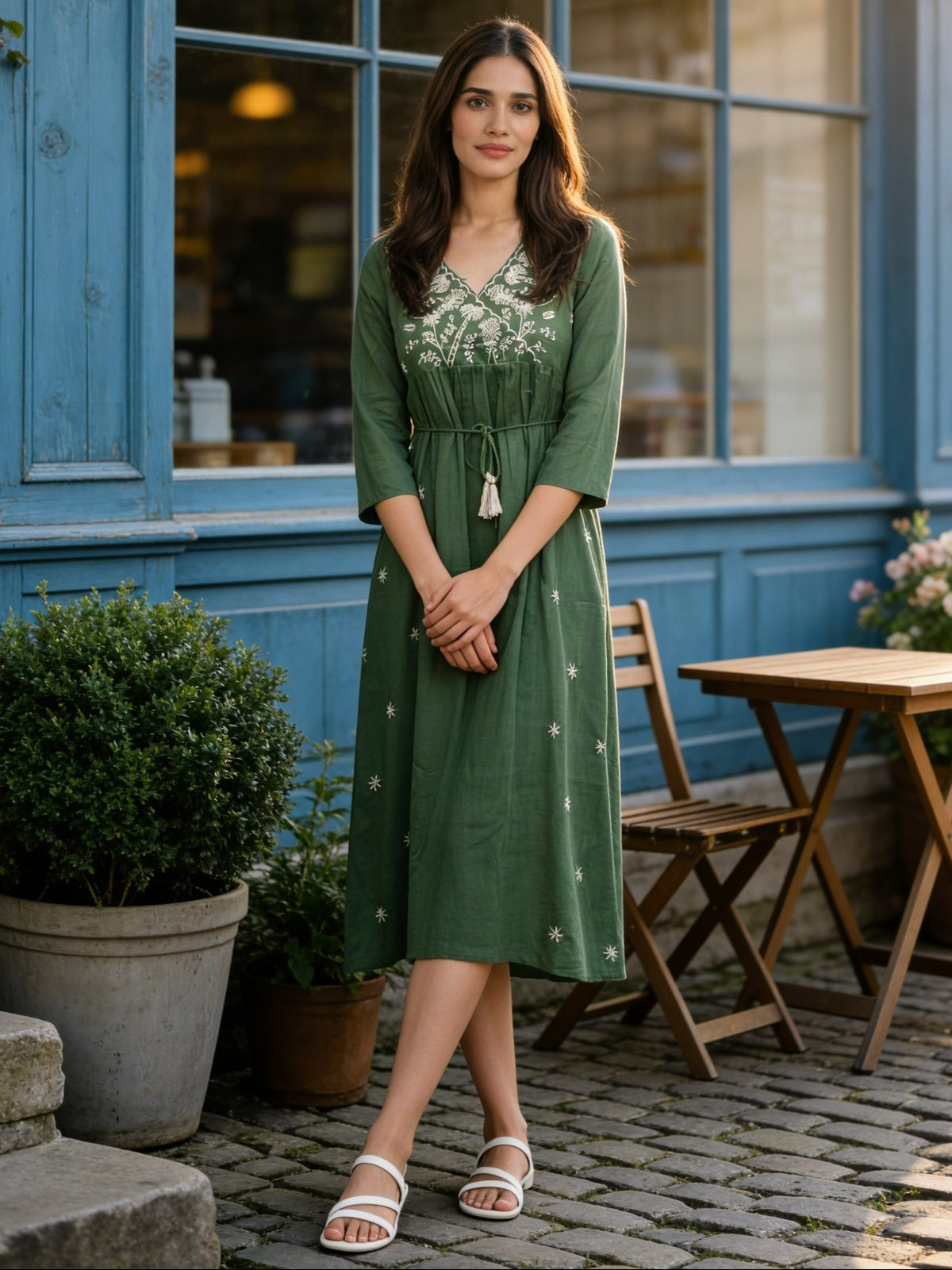 Cotton Embroidered Flared Calf Length Dress