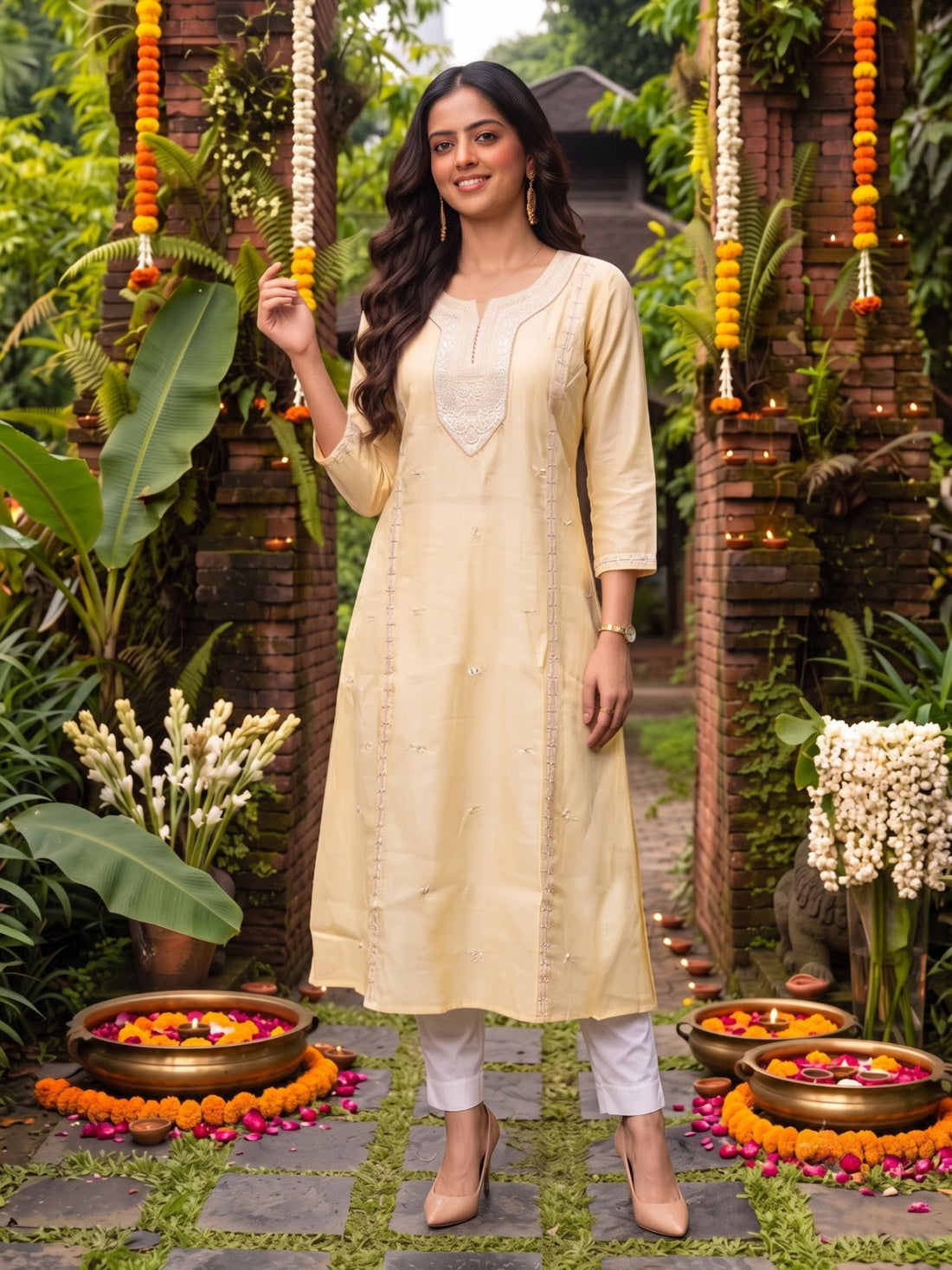 Buy Viscose Embroidered Flared Calf Length Kurta-Yellow