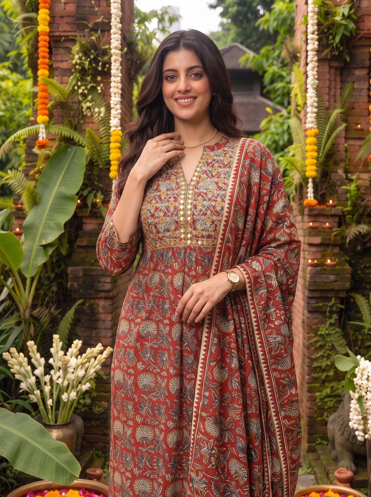 Cotton Embroidered Flared Calf Length Kurta With Pant and Dupatta