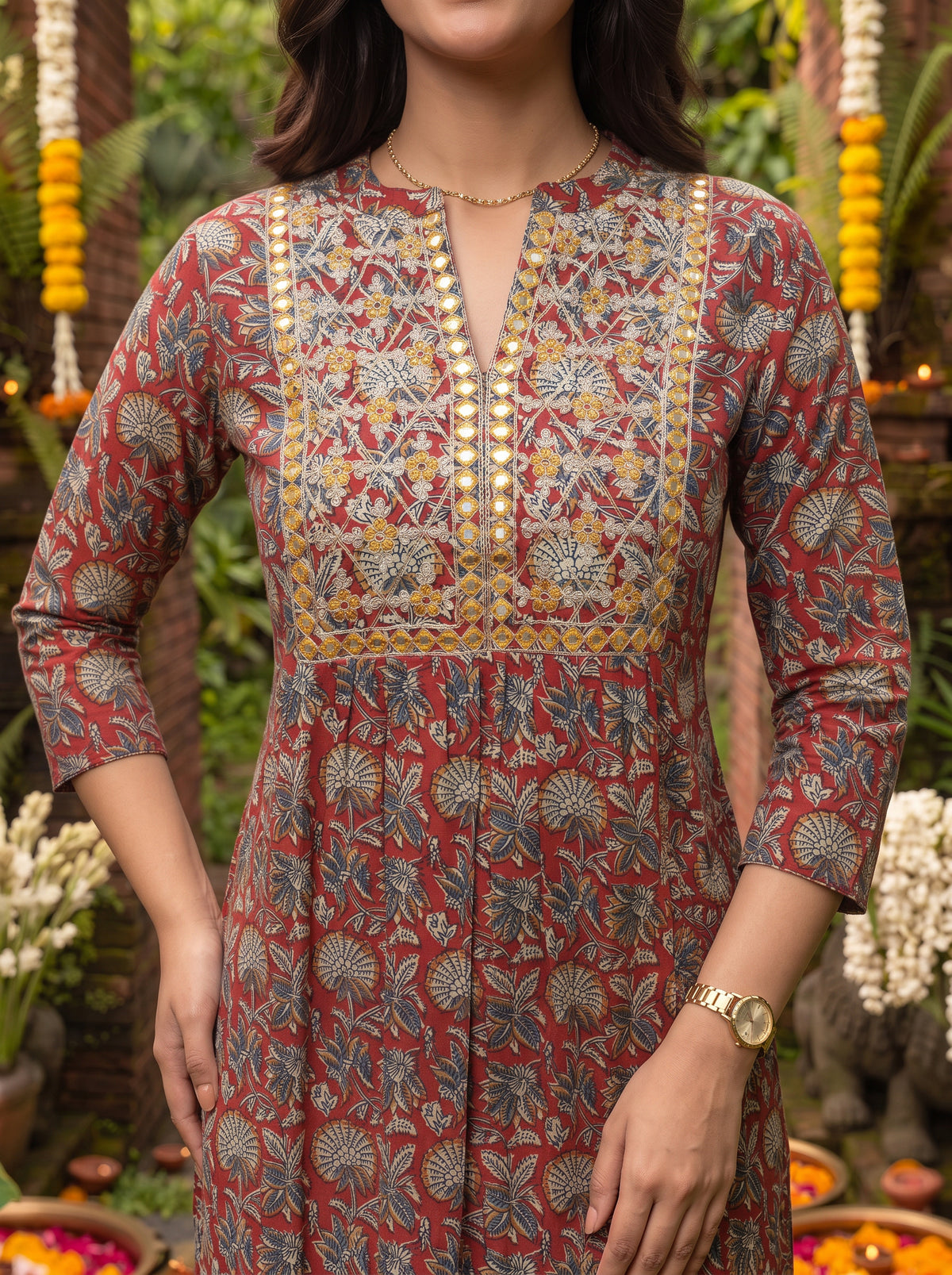 Cotton Embroidered Flared Calf Length Kurta With Pant and Dupatta