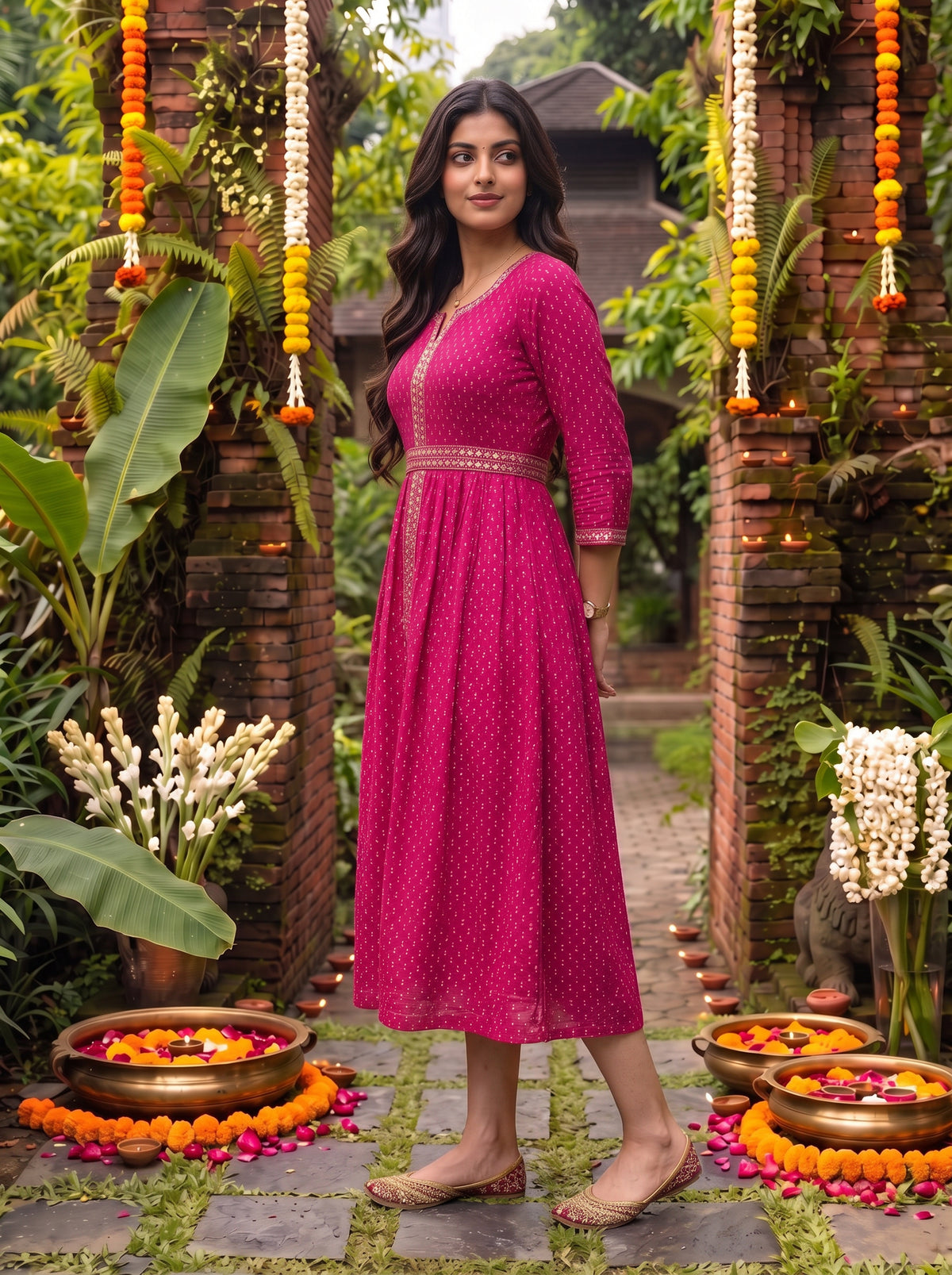 Rayon Embroidered Flared Calf Length Dress