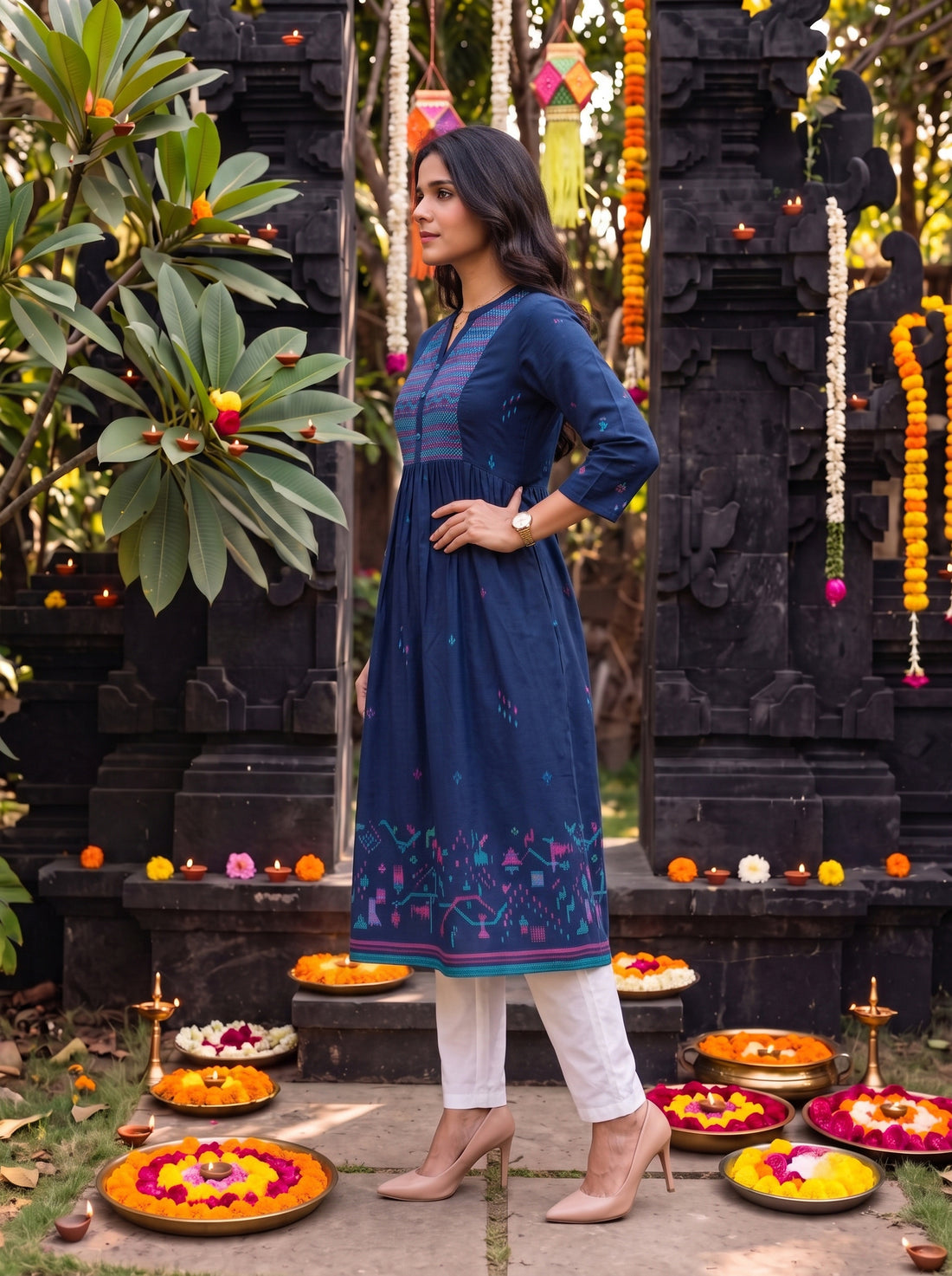 Buy Cotton Embroidered Flared Calf Length Kurta-Blue