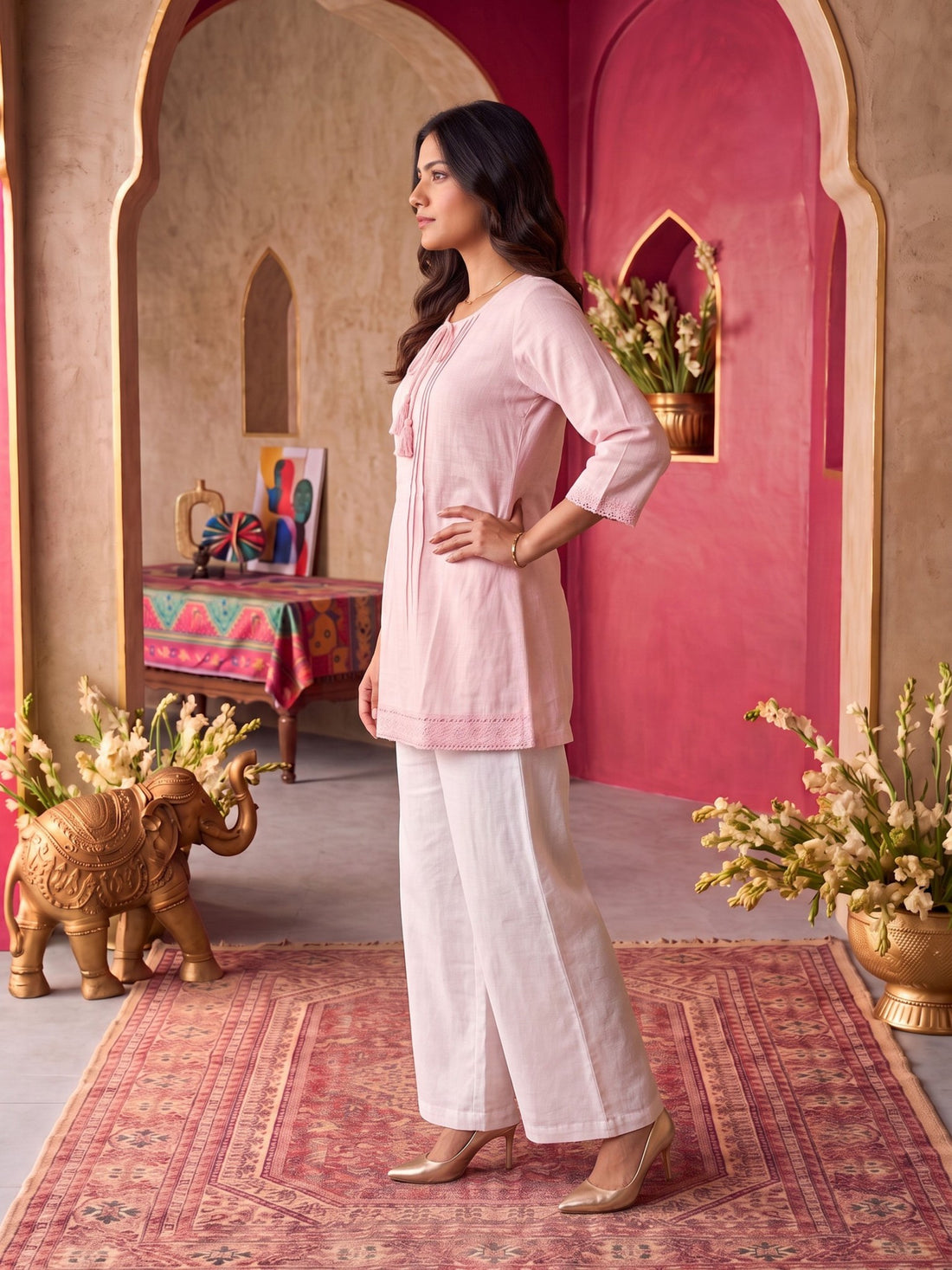 Buy Cotton Embroidered A-Line Short Length Short Kurta-Light Pink