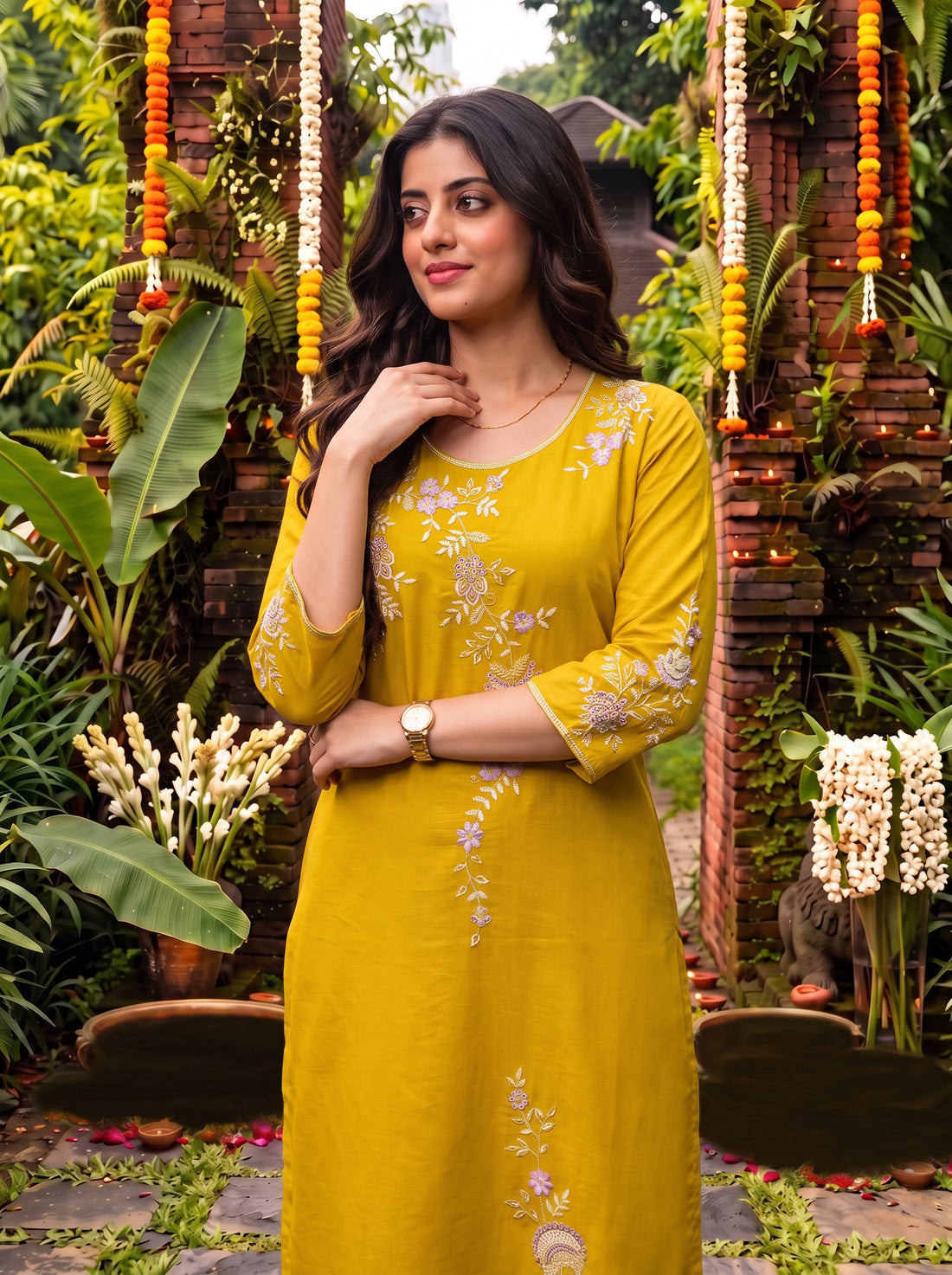 Buy Viscose Embroidered Straight Calf Length Kurta-Mustard